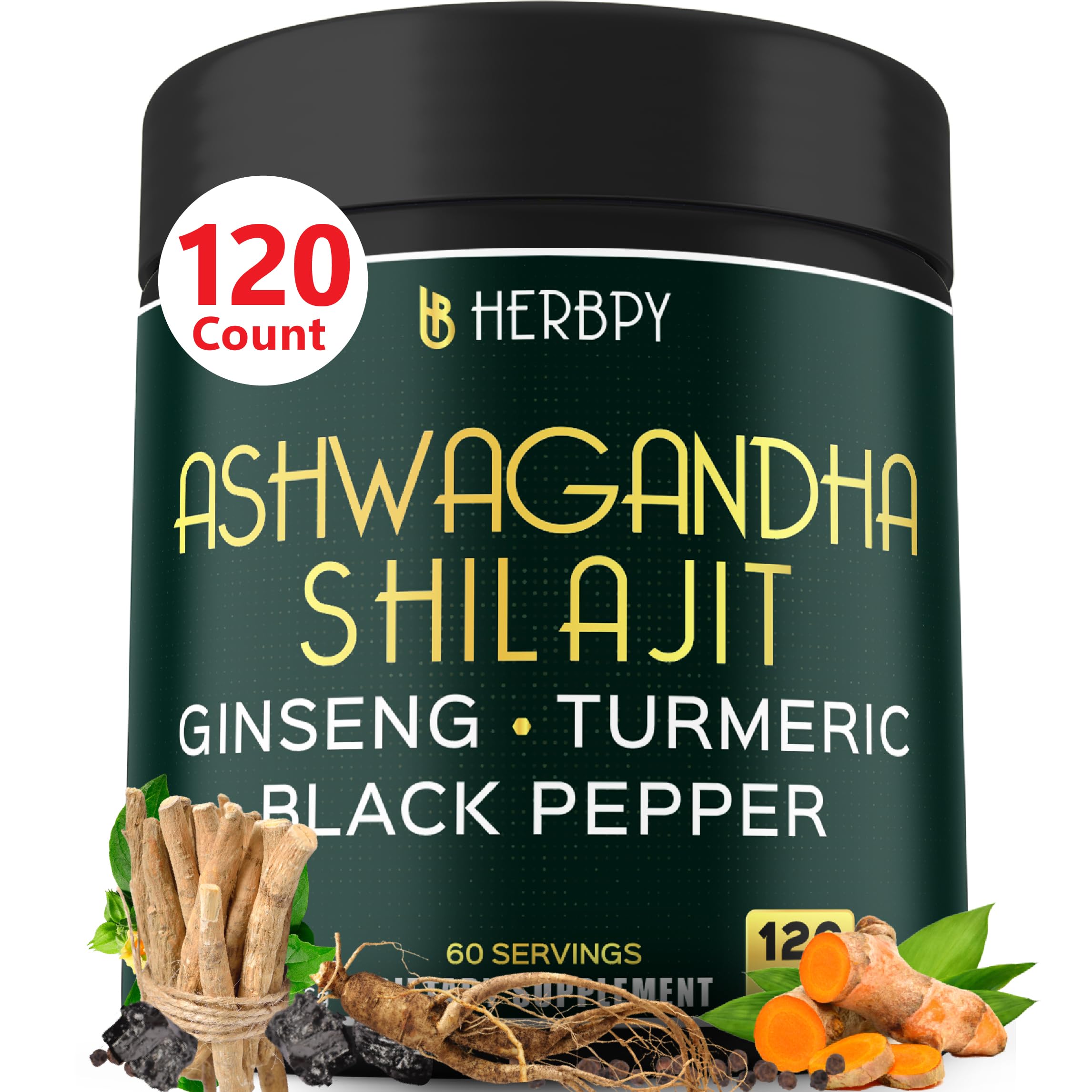 5in1 Ashwagandha Extra Strength with Shilajit for Stamina, Energy & Relaxation Support - Plus Ginseng, Turmeric Root & Black Pepper - 120 Count