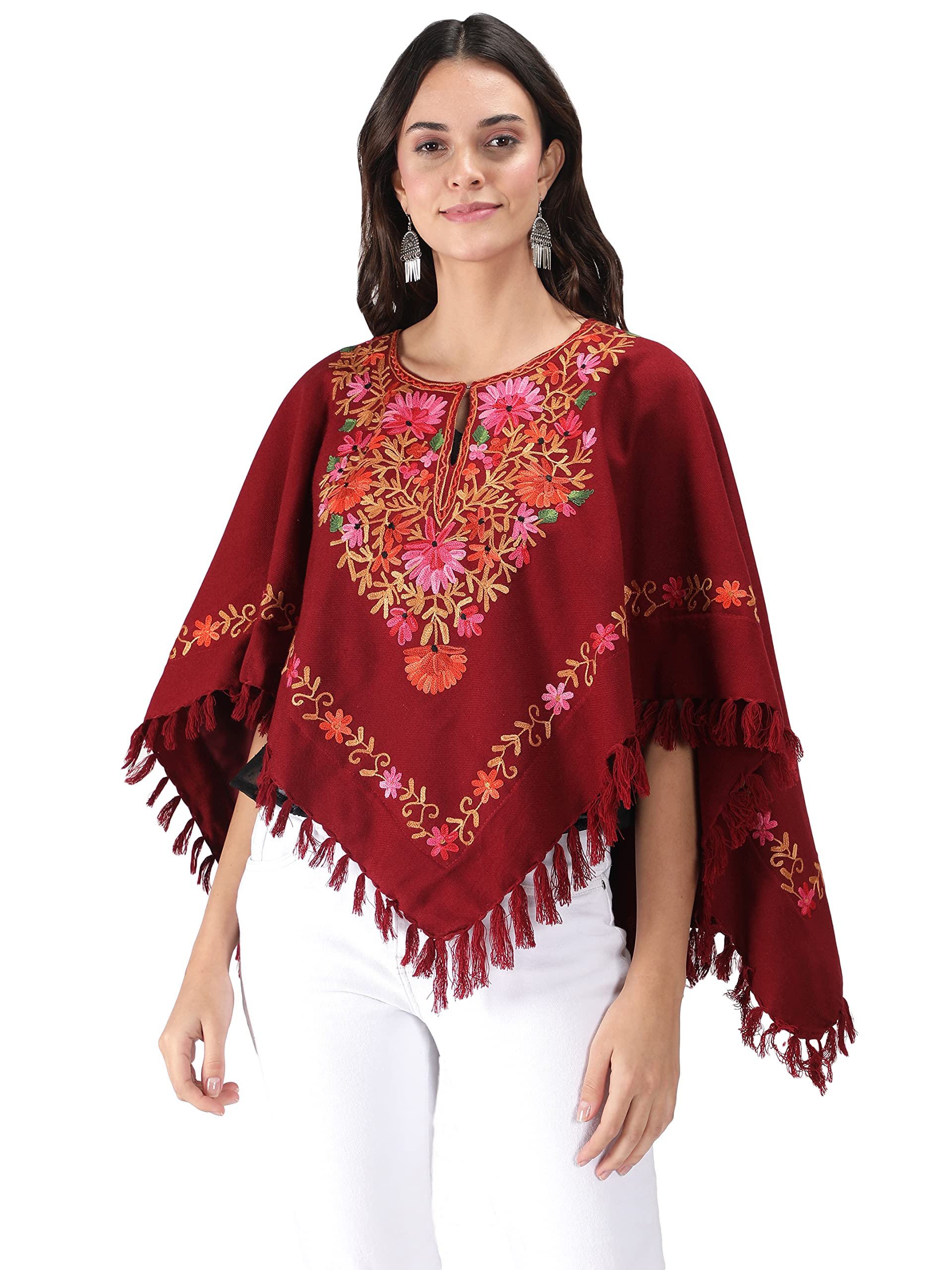 Kashmiri Women's Wool Poncho Shrug Top Embroidery with Silk Lining-image-30