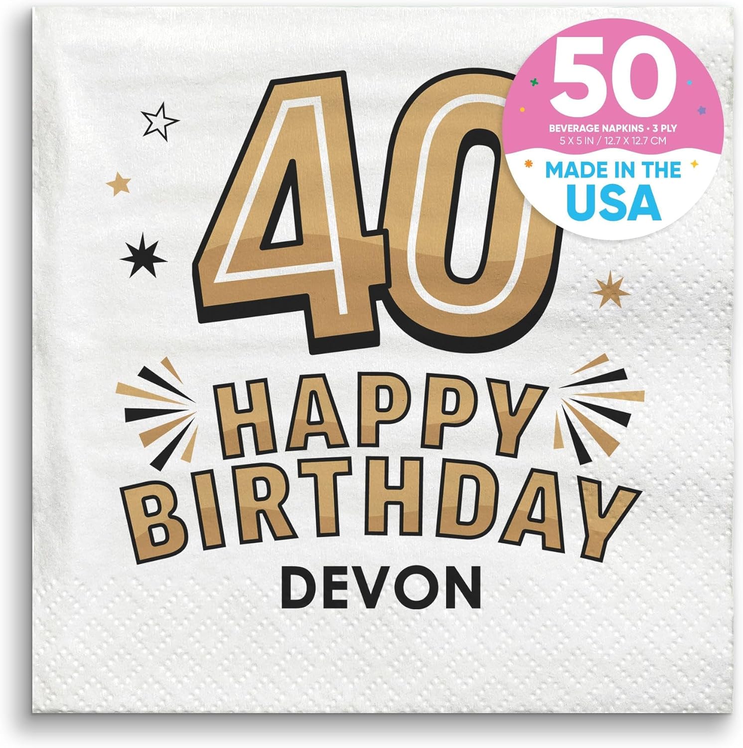 Big Dot of Happiness Personalized 40th Birthday Napkins, Custom Black & Gold Happy Birthday Party Decor, White 3-Ply Paper Beverage Napkins - 50 Count