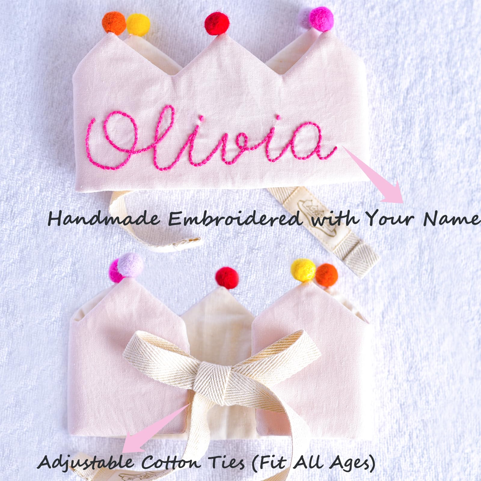 Personalized Hand Embroidered Crown, Customed Birthday Crowns for Kids Birthdays Party, Made 100% Natural Fiber Linen,Decored with Wool Balls,Souvenir for Birthday and Special Occasions,Fit All Ages