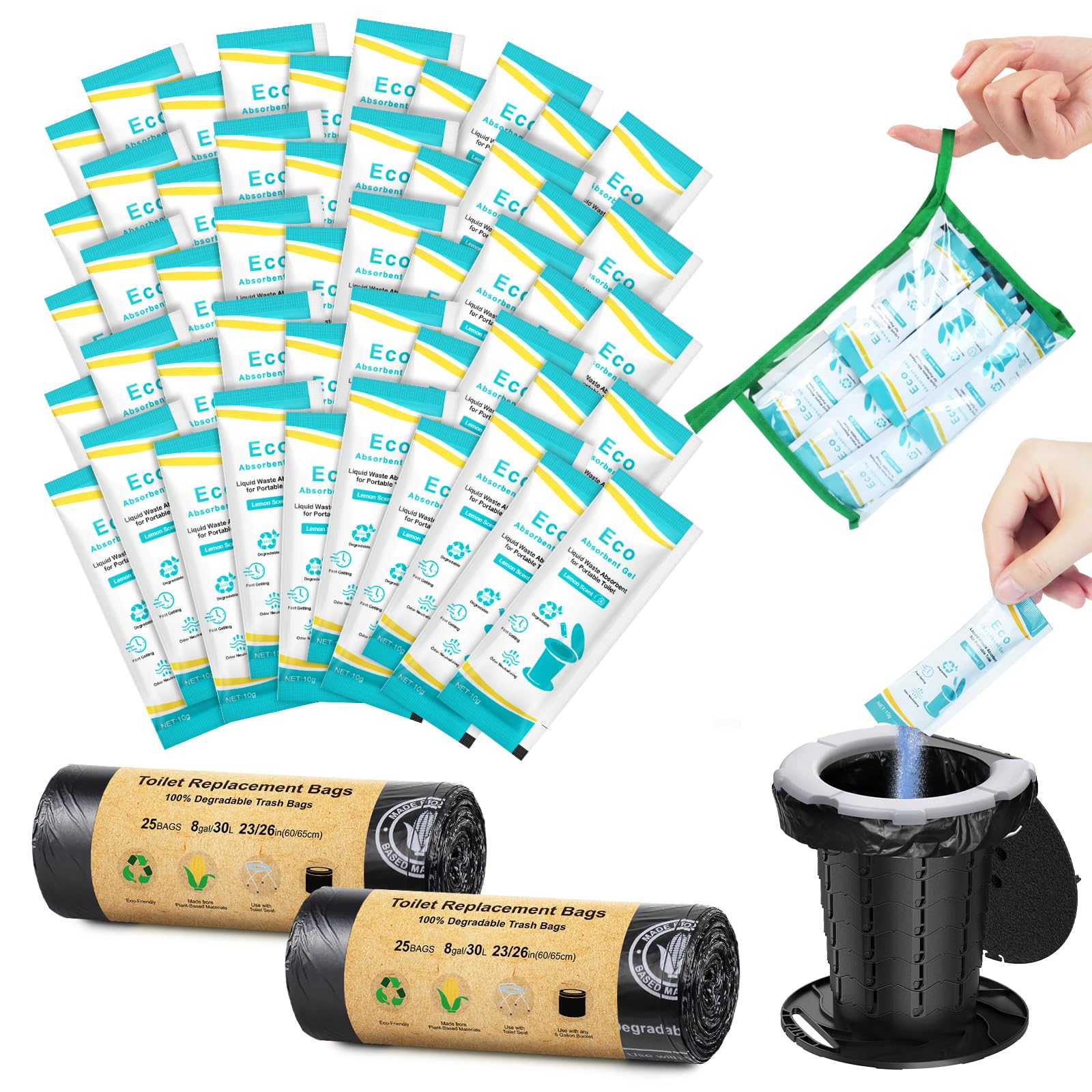 BLIKA Camping Toilet Bags Eco Absorbent Gel Set, Portable Toilet Bags with Gel, 8 Gallon, 30 Liter, Heavy Duty 1 Mil, Toilet Replacement Bags with