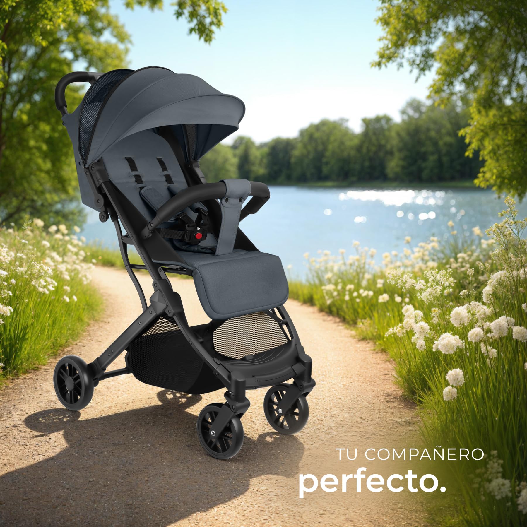 tectake® Carrito de Bebé, Silla de Paseo Plegable, Cochecito Bebés de 0-36 Meses, Arnés de 5 Puntos, Respaldo y Reposapiés Ajustables, Carro de Bebé Compacto, Protección Solar UV - antracita