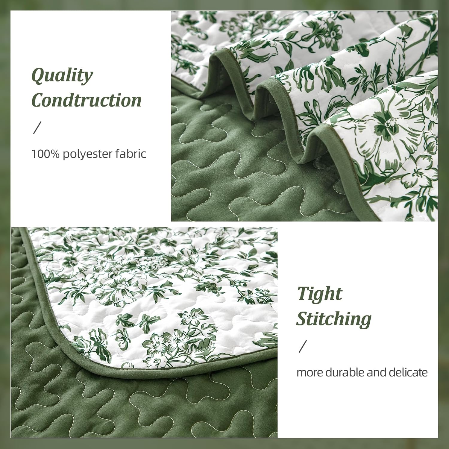 WONGS BEDDING Quilt Queen Size, Green Quilt Bedding Set with 2 Pillowcases, Botanical Quilts for Queen Bed, Soft Microfiber Lightweight Coverlet Bedspread for All Season (96"×90", 3 Pieces) - Image 4