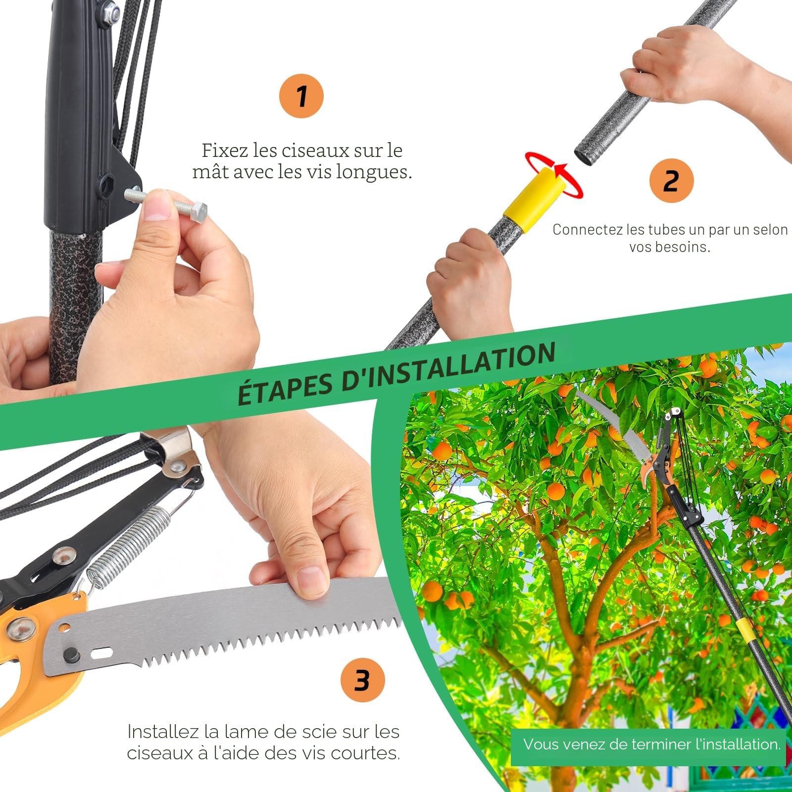 Scie à perche extensible pour l'élagage des arbres, sécateur manuel à long manche de 4 m, lame tranchante en acier de 30 cm