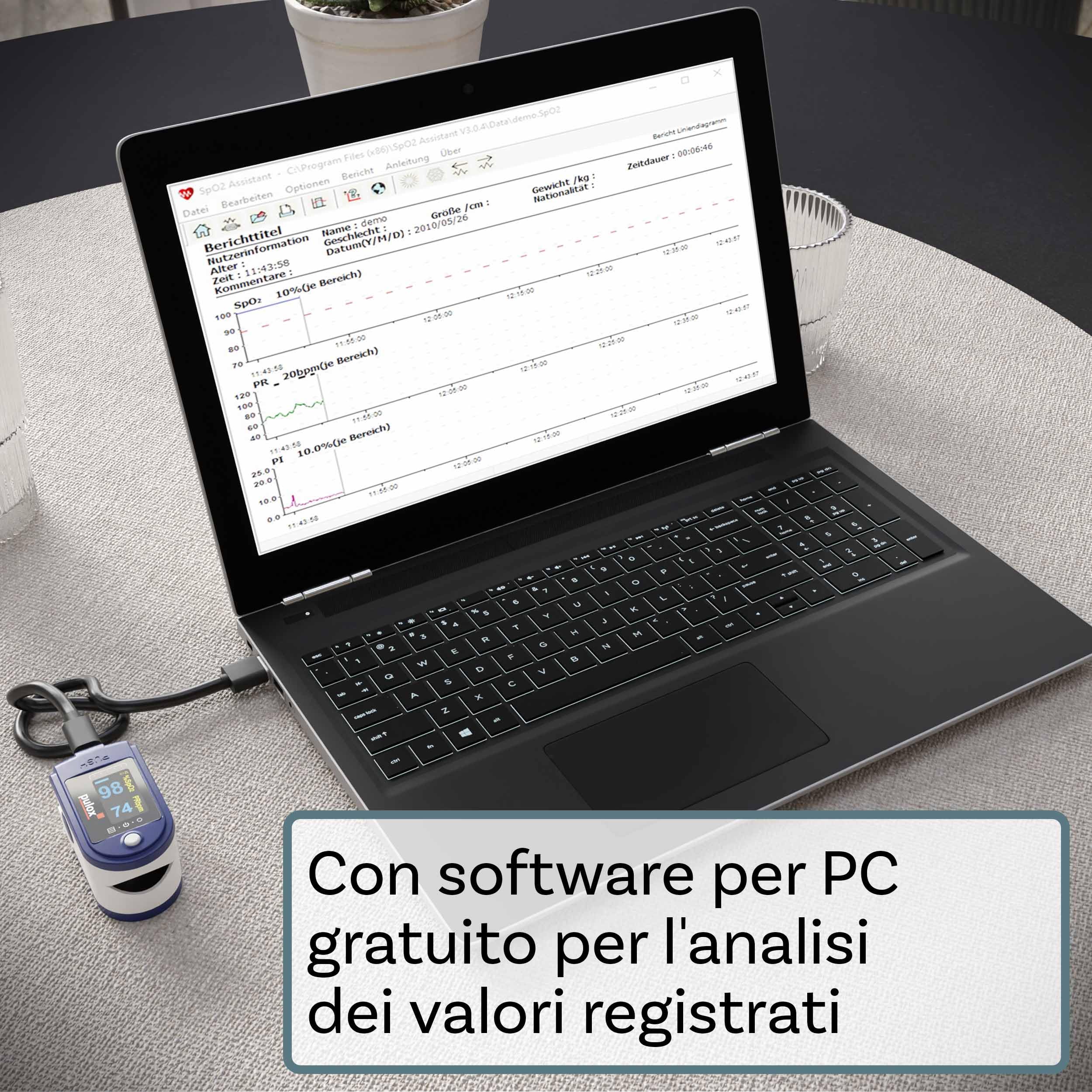 Pulossimetro Pulox PO-250 - Saturimetro da dito per misurare SpO2 e polso, funzione di allarme e registrazione e accessori