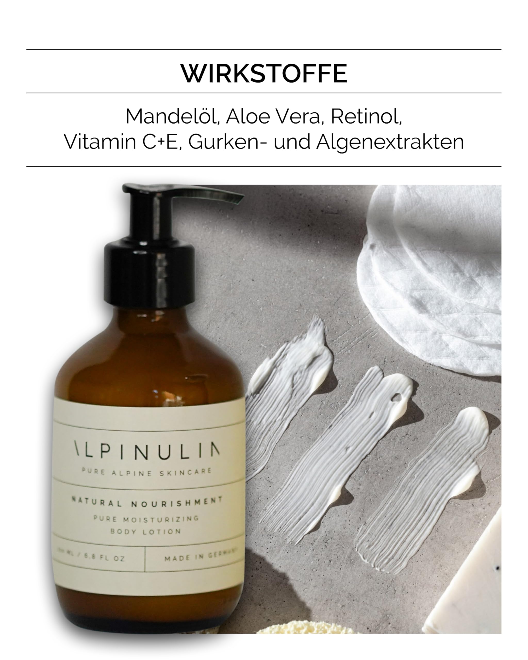 ALPINULIN NATURAL NOURISHMENT Bodylotion Damen 200ml - Gebirgsquelle für die Haut für feuchtigkeitsspendende Körperpflege, Mit Hyaluronsäure, Aloe Vera & Mandelöl