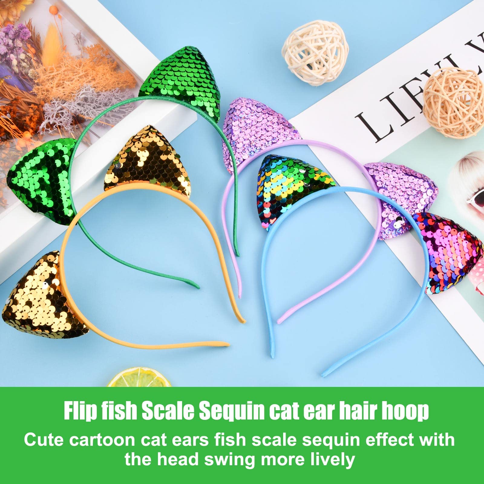 Cerchietti Orecchie Gatto 10 Pezzi - Con Glitter, Fascia Elastica, Per Party, Cosplay E Halloween - Foto 6