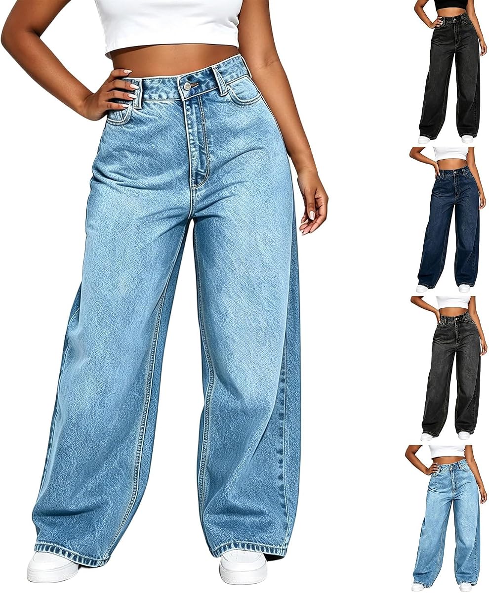 High Waisted Wide Leg Jeans for Women Plus Size Baggy Stretchy Denim Pants Loose Fit Casual Work Trousers with Pocket