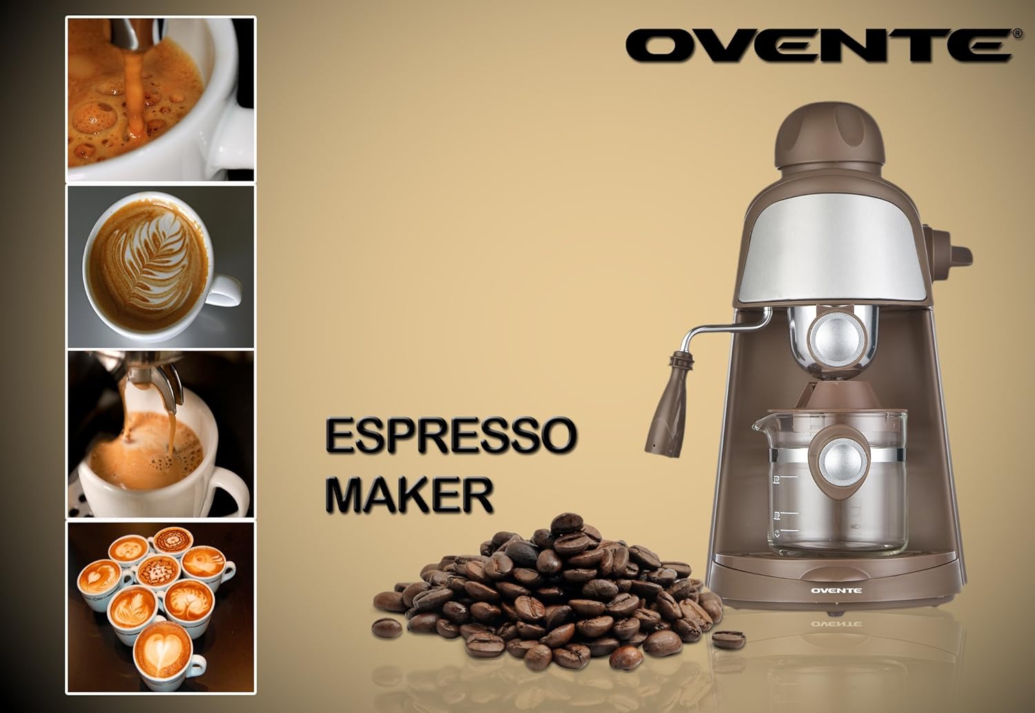 OVENTE Espresso Maker with coffee beans and cups
