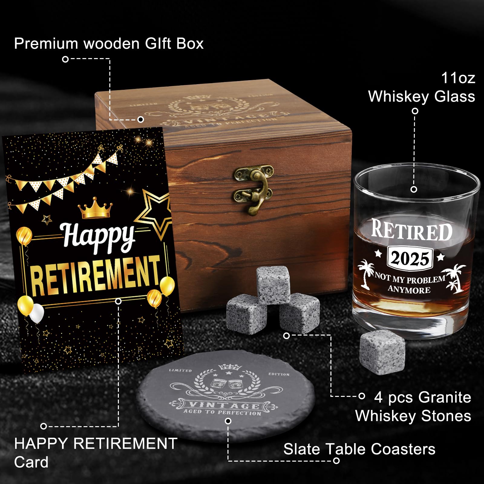 2026 Retirement Gifts for Men,2026 The Legend Has Retired-Whiskey Glass Set in Gift Box,Happy Retirement Presents for Him,Dad,Friends- Happy Retire Anniversary Card&Wood Box& Coaster&Whiskey Stones - Image 2