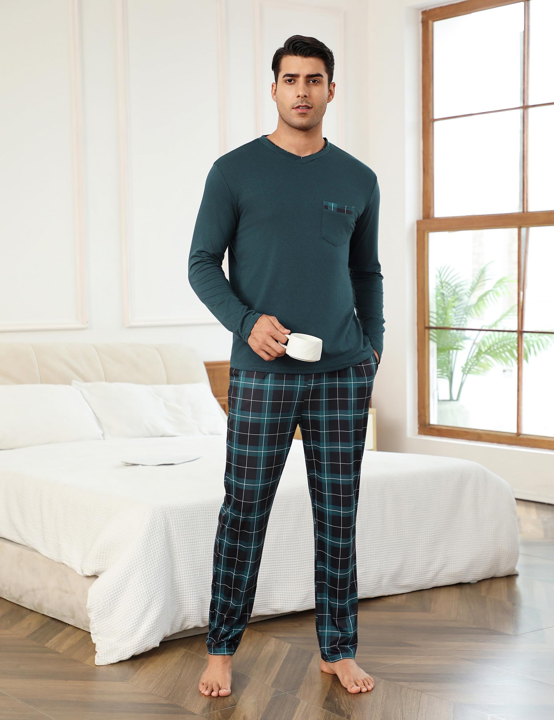Leversic Pigiama Uomo Invernale Pigiama Lungo Cotone Uomo Pigiama da Uomo Scollo a V Pigiama Due Pezzi Pigiama Maniche Lunghe e Pantaloni a Quadri S-3XL