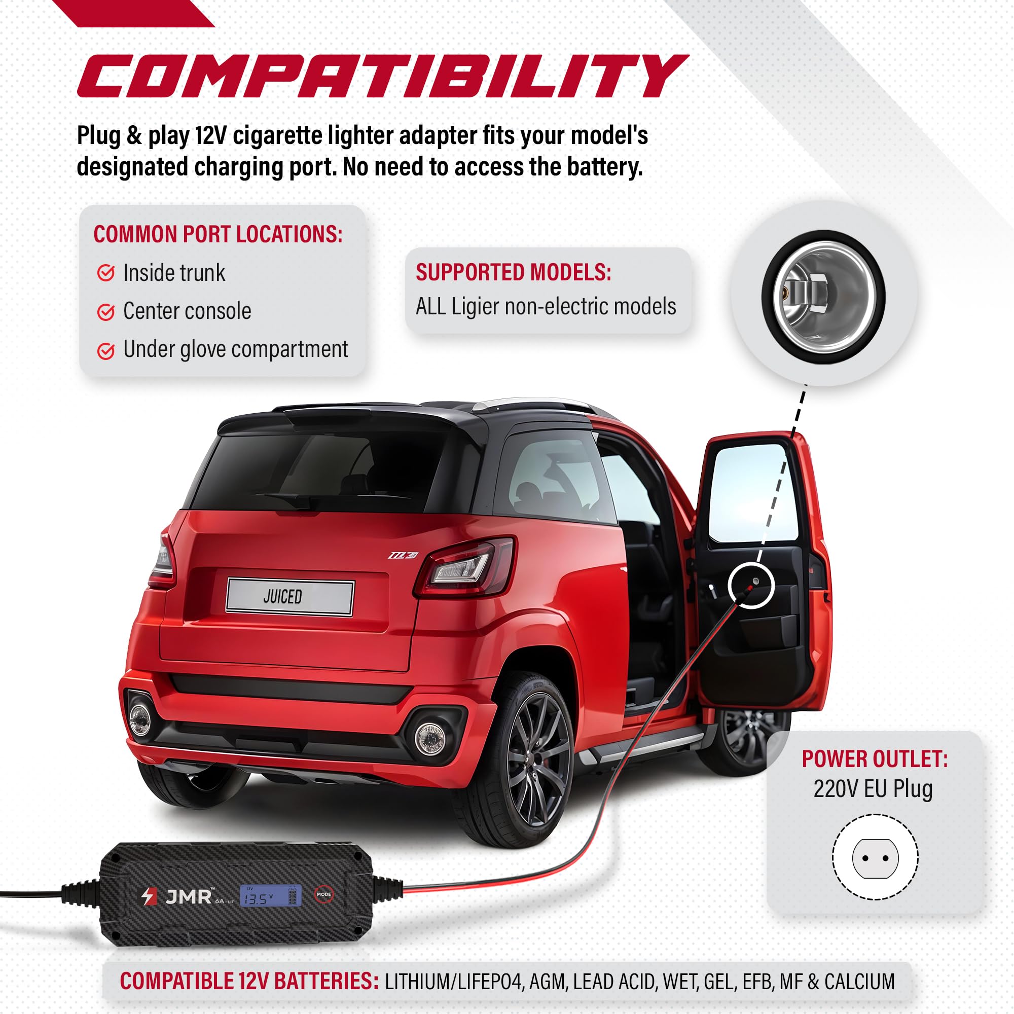 JMR Battery Charger for Aixam Mega City Crossover Coupé Minauto Crossline D-Truck All Models Trickle Charger Conditioner Maintainer (Add Lithium Mode