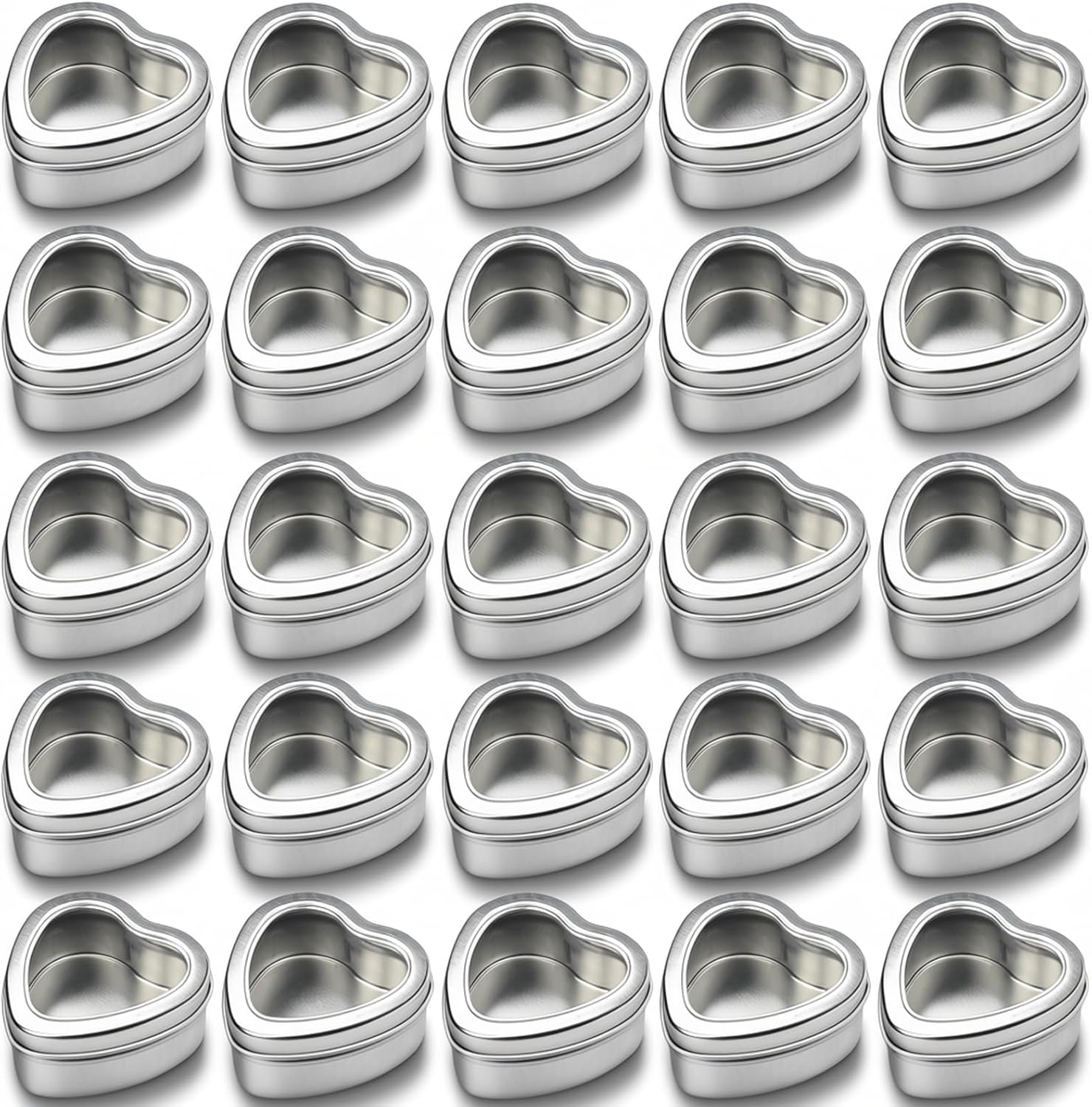 25-Pack 2oz Empty Heart Shaped Mini Metal Tins with Clear View Window Lids for Candle Making, Candies, Gifts & Treasures (Silver)