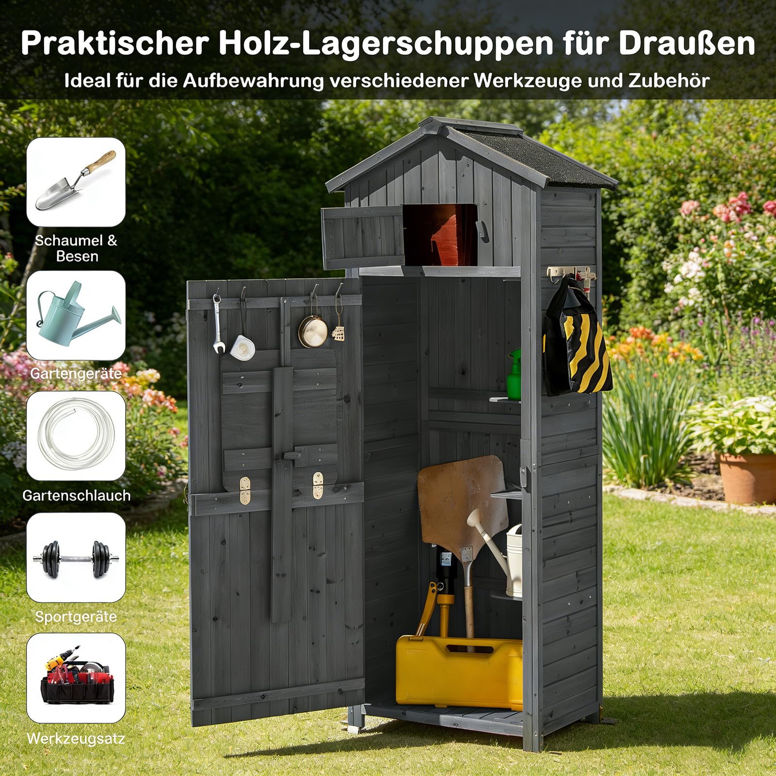 GOPLUS Gartenschrank Holz, Gartenhaus wetterfest, Geräteschuppen mit Tür, 70 x 35,5 x 176 cm Grau