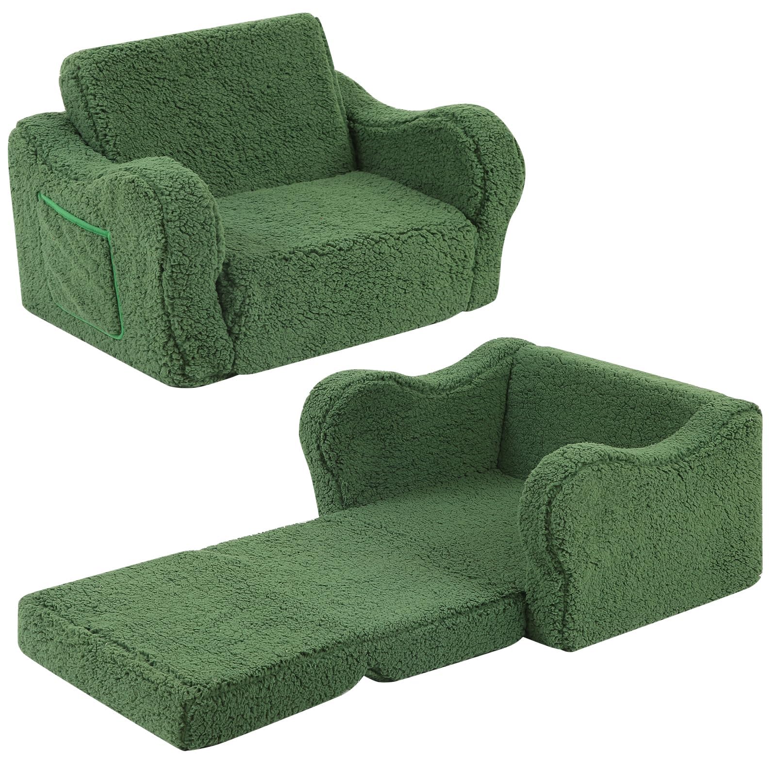 MOMCAYWEX Kids Sofa, 2-in-1 Flip-Out Foam Couch with Soft Sherpa Cover, Cozy Play Lounge Chair, Green