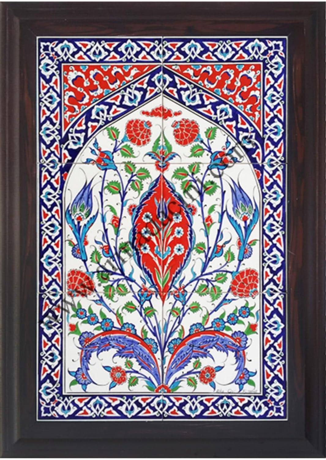 Decorative Tile Panel Red Center Floral Design Handmade Ceramic Wall Art, One Size - One Size