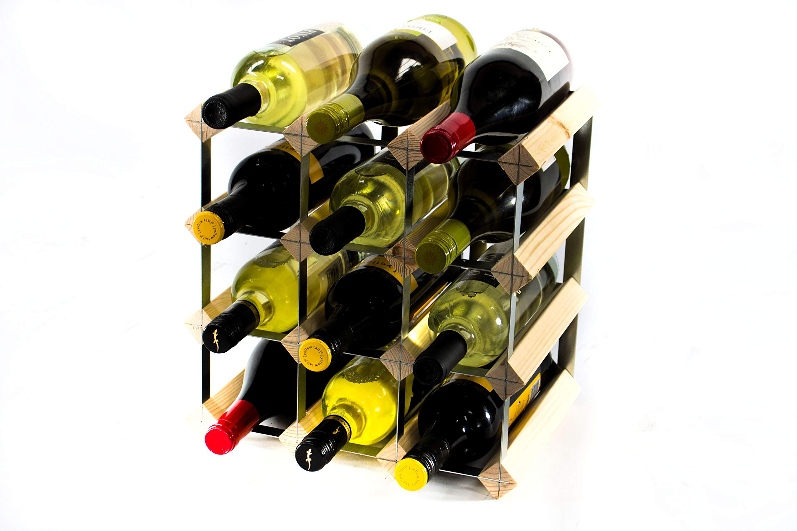 Classic 12 Bottle Wine Rack Pine Wood, Galvanised Metal