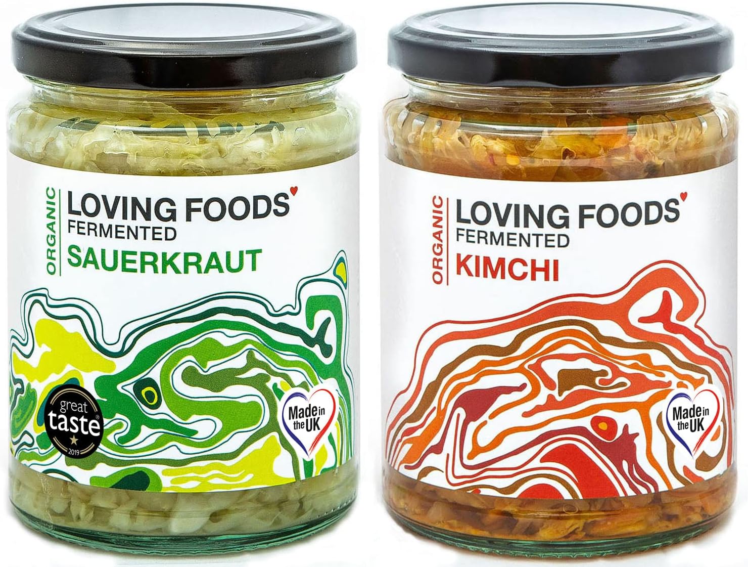 – Loving Foods Award-Winning *Organic & Made in the UK* Sauerkraut & Kimchi (2 x 475g) Raw, Unpasteurised & Bursting with Beneficial Live Bacteria (2 x Jars)