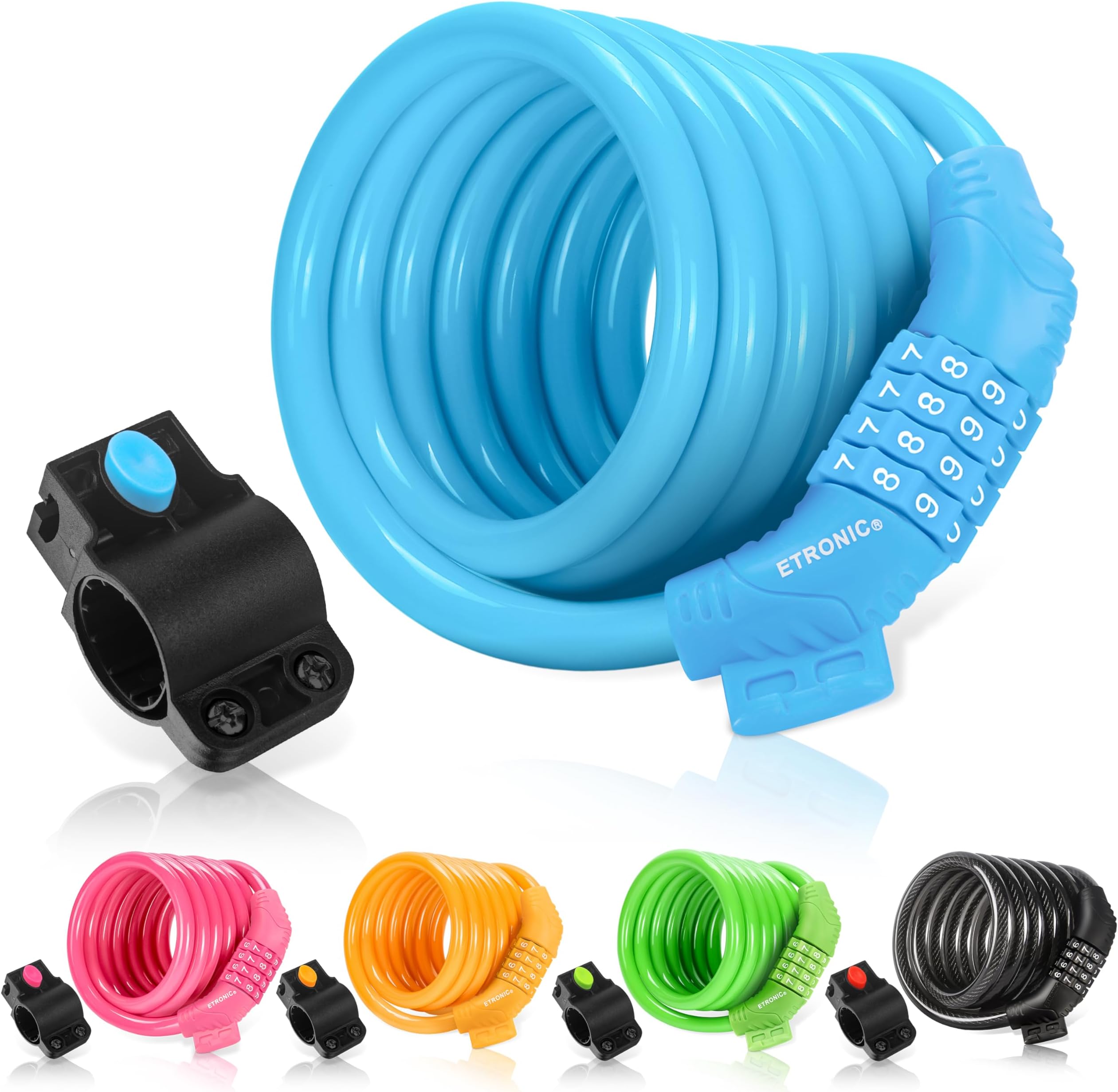 Bike Lock M6, Cable Lock 6 Feet Long Coiled Security Resettable Combo Combination Lock Bicycle Lock with Mounting Bracket