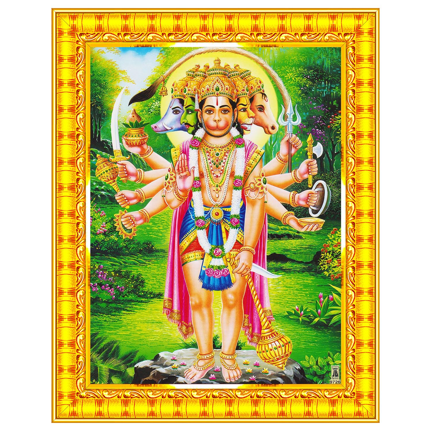 Panchmukhi Hanuman for Door Entrance Vastu Wall Painting Framed Home Decor (Wood,Matte,Gold,Big Size,10 x 12 Inch) R784M