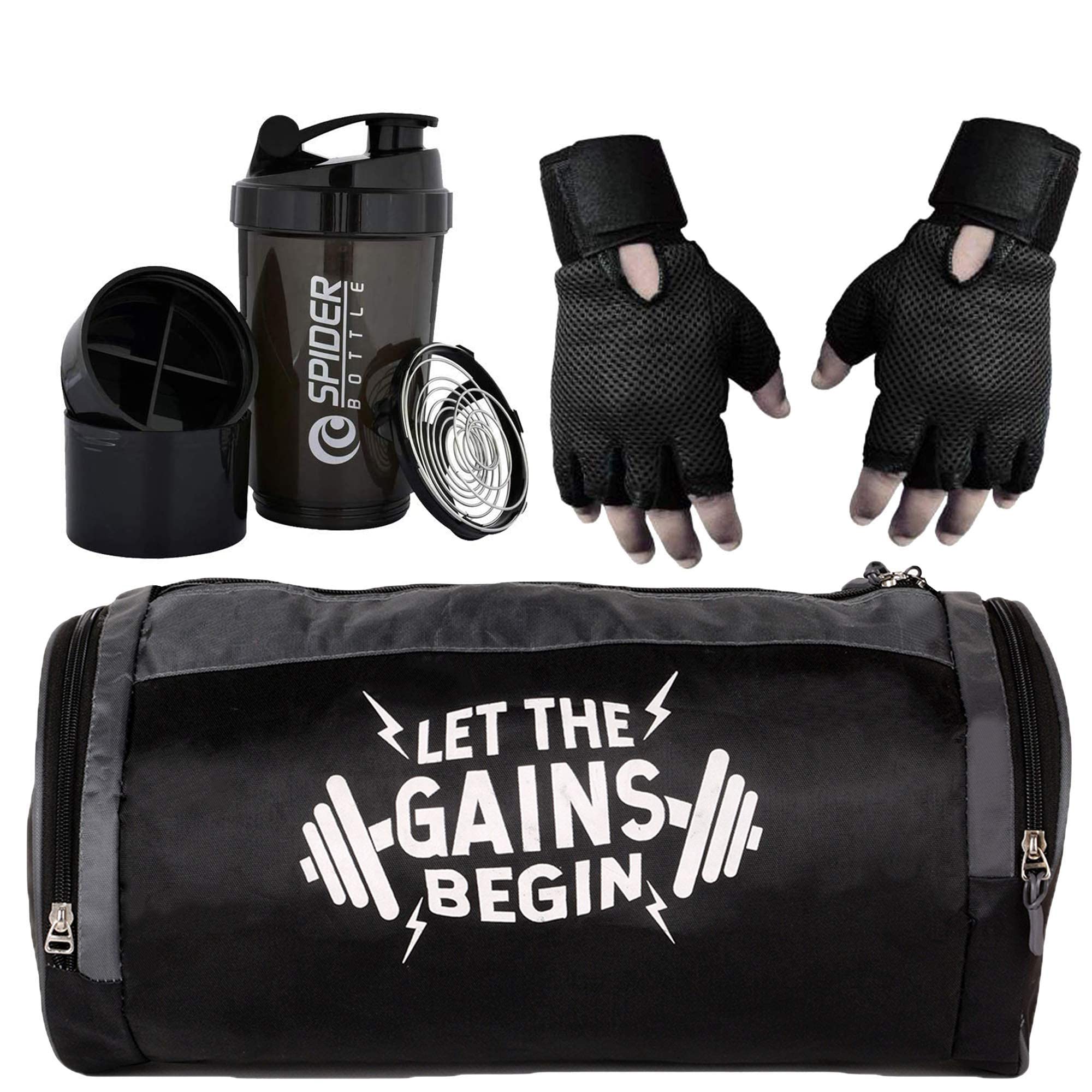 5 O' CLOCK SPORTS Gym Bag with Shoe Compartment for Men and Women for Fitness - Bag Size 49cm x 24cm x 24cm -Grey Color,Spider Shaker -Black, Leather Gym Gloves with Wrist Support-Black Color