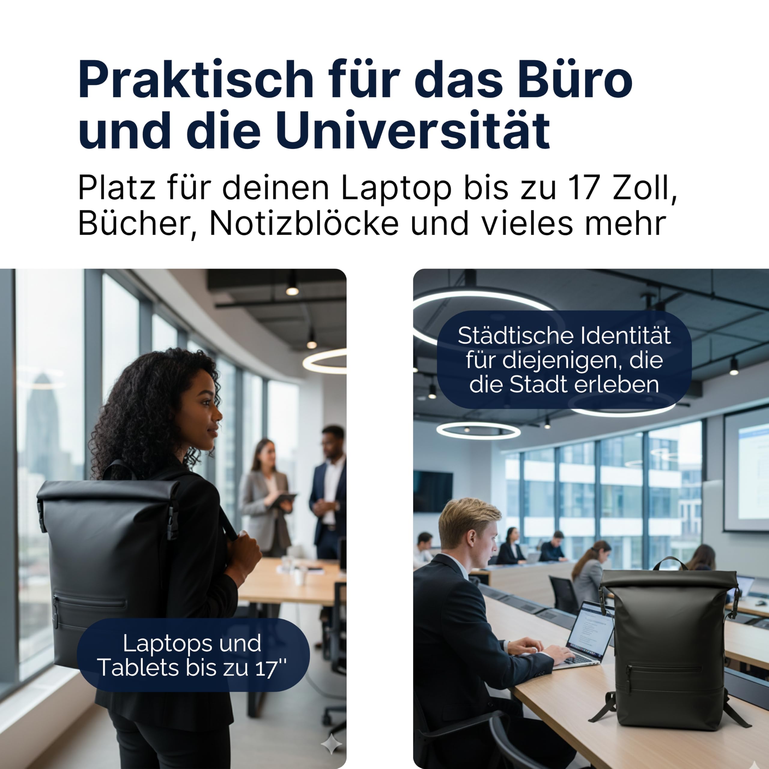 Rolltop-Rucksack für das Büro, Eleganter und Wasserdichter Rucksack für die Arbeit mit Platz für einen 17-Zoll-Laptop – ideal für Damen und Herren