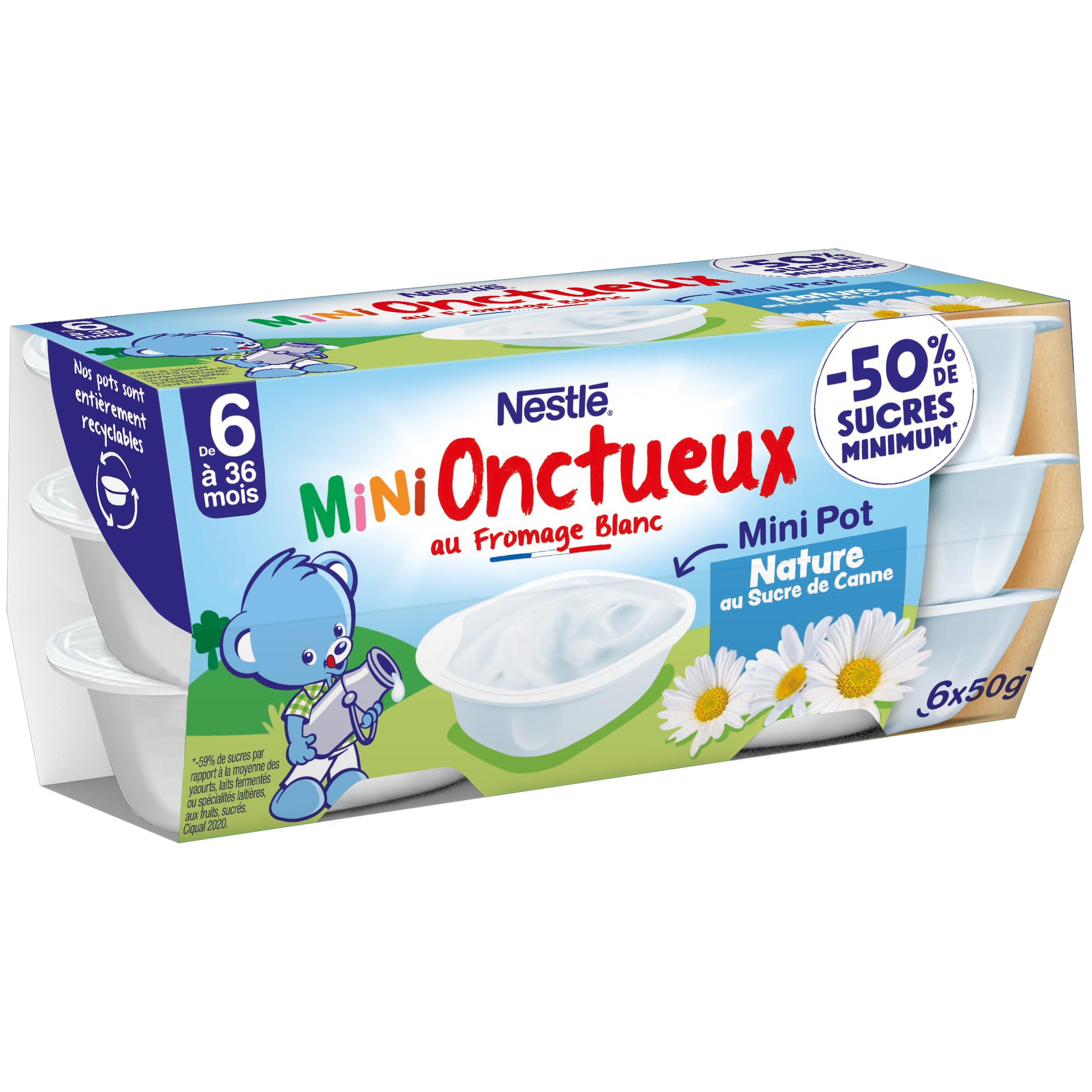 P'tit Onctueux Croissance Mini Nature Nestlé Bébé - 6 Pots De 50g Dès 6 Mois, Sans Sucres Ajoutés, Pratique à Emporter