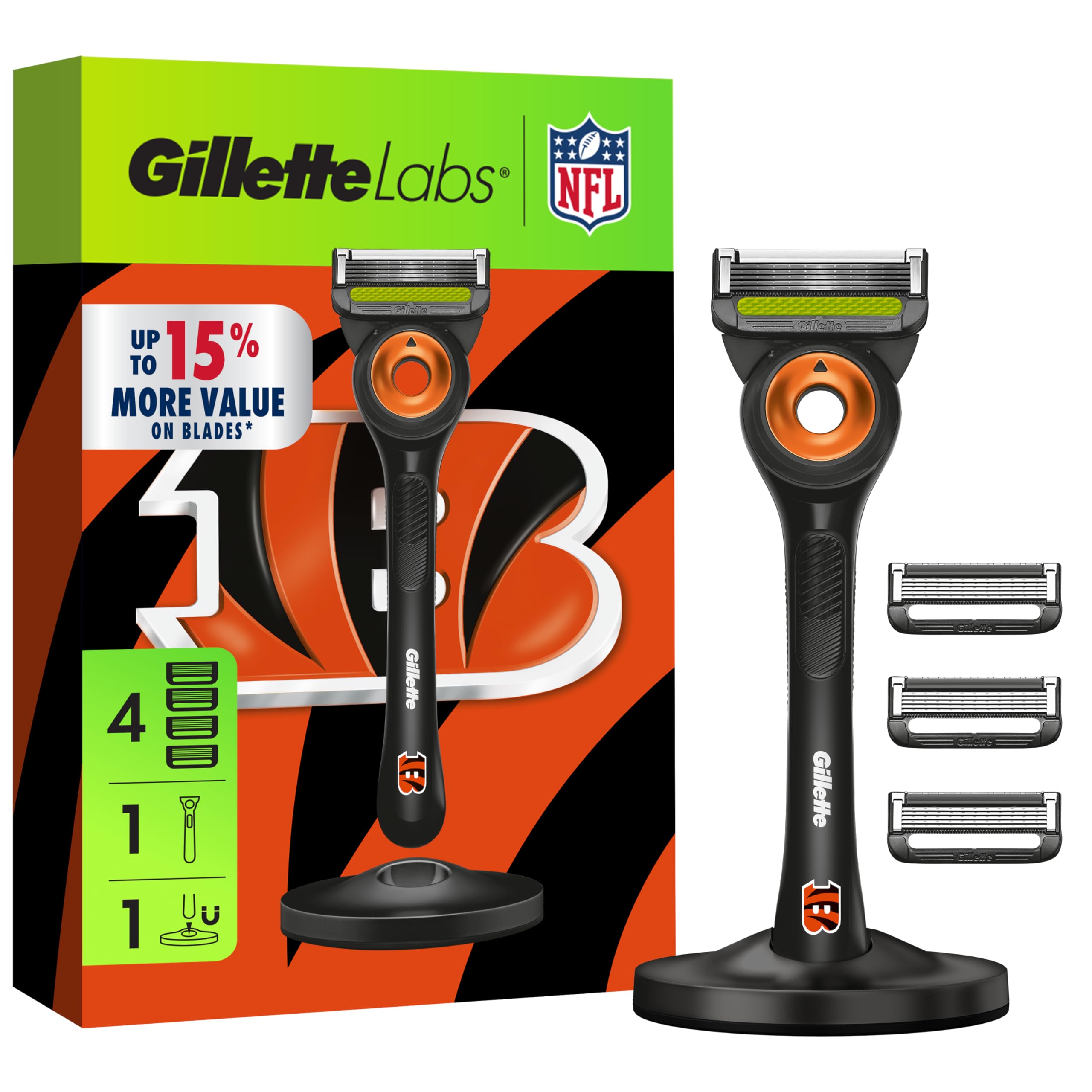 Gillette Labs Special NFL Bengals Edition Shaving Razor for Men - 1 Handle, 4 Razor Blade Refills & Magnetic Stand, GilletteLabs with Exfoliating Bar