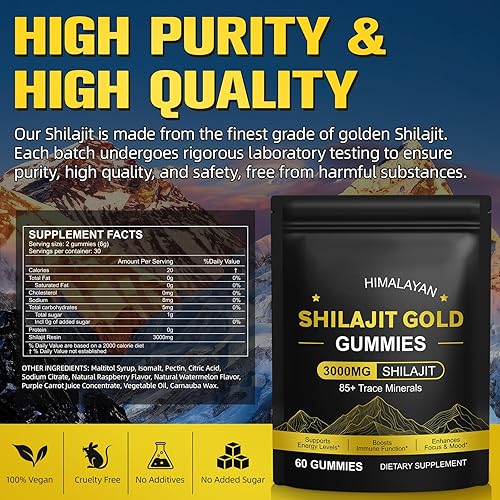 Miniatura 6 de Gomitas Shilajit para hombres y mujeres, gomitas Shilajit puras y naturales de oro del Himalaya ricas en Ashwagandha, Gokshura, impulso de energía y