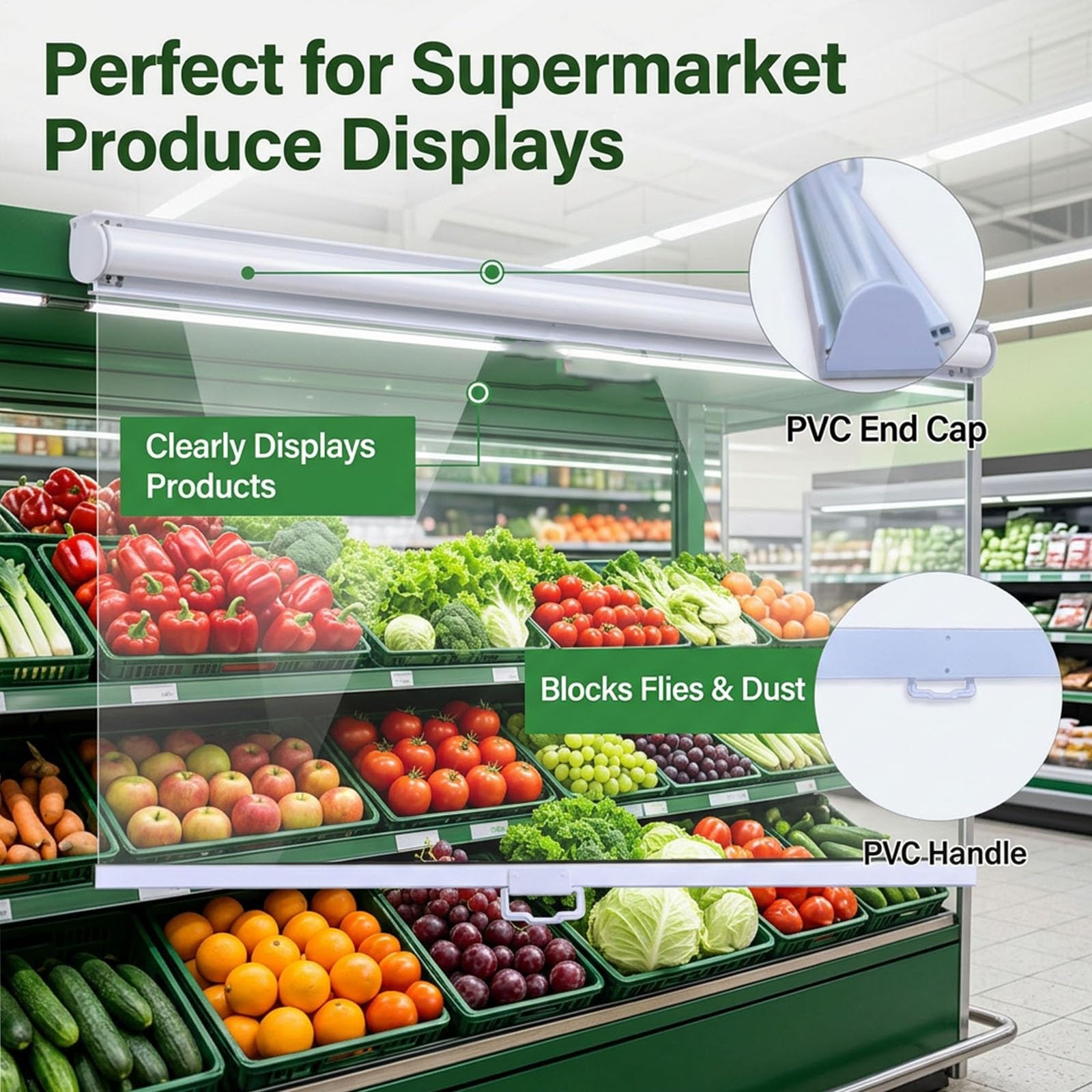Tenda a Rullo Trasparente per Frigo Commerciale e Vetrina Refrigerata | Copertura Notturna in Plastica Trasparente con Maniglia, Ideale e Compatibilità Universale(W150xh120cm/59x47.2'')