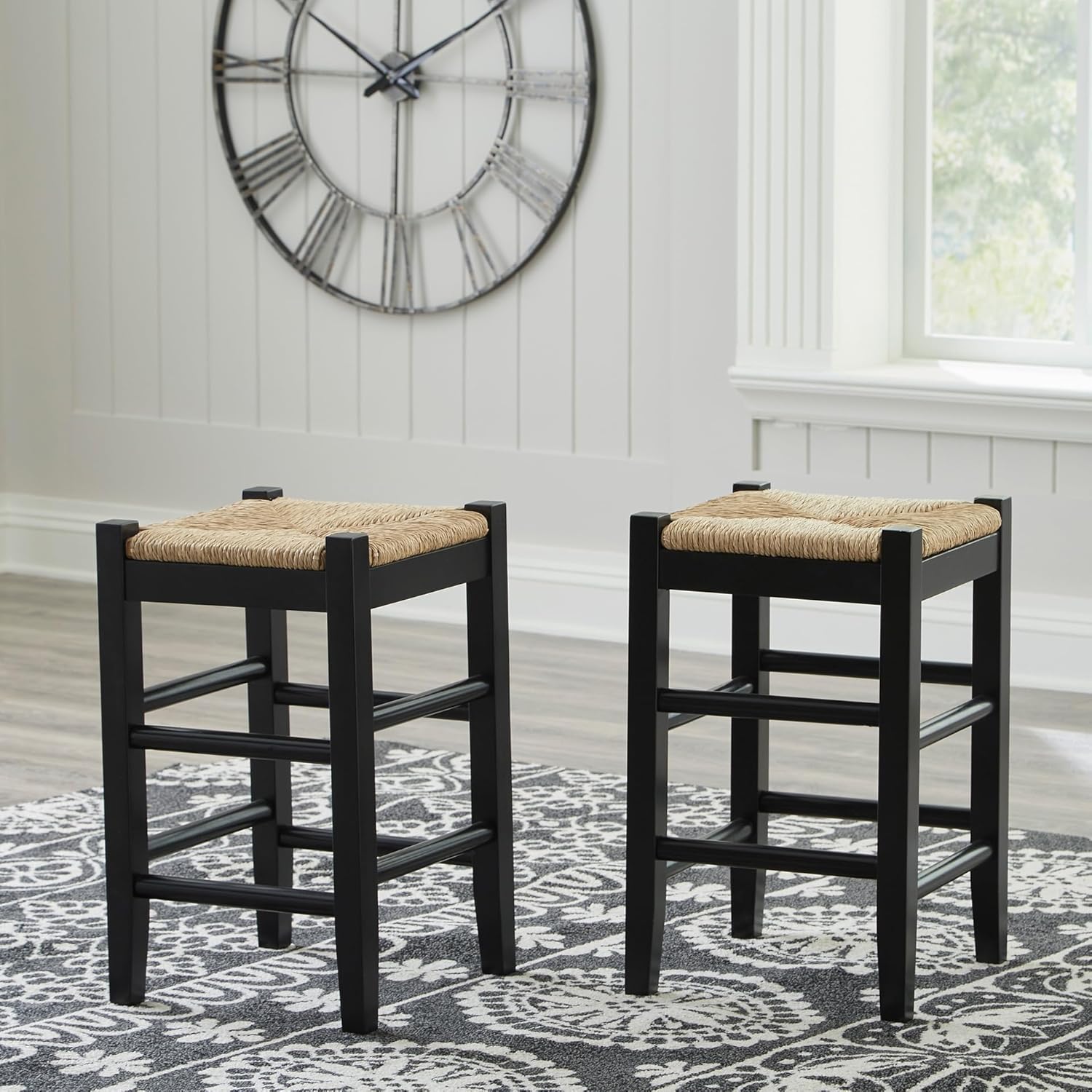 Signature Design by Ashley Mirimyn Farmhouse 23.63" Counter Height Bar Stool with Woven Wicker Seats, 2 Count, Black & Light Brown