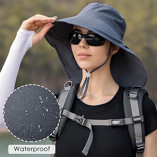 Miniatura 6 de FEOYA Sombrero de sol para mujer con solapa en el cuello, agujero para cola de caballo, ala ancha, UPF 50+, sombrero de safari para senderismo