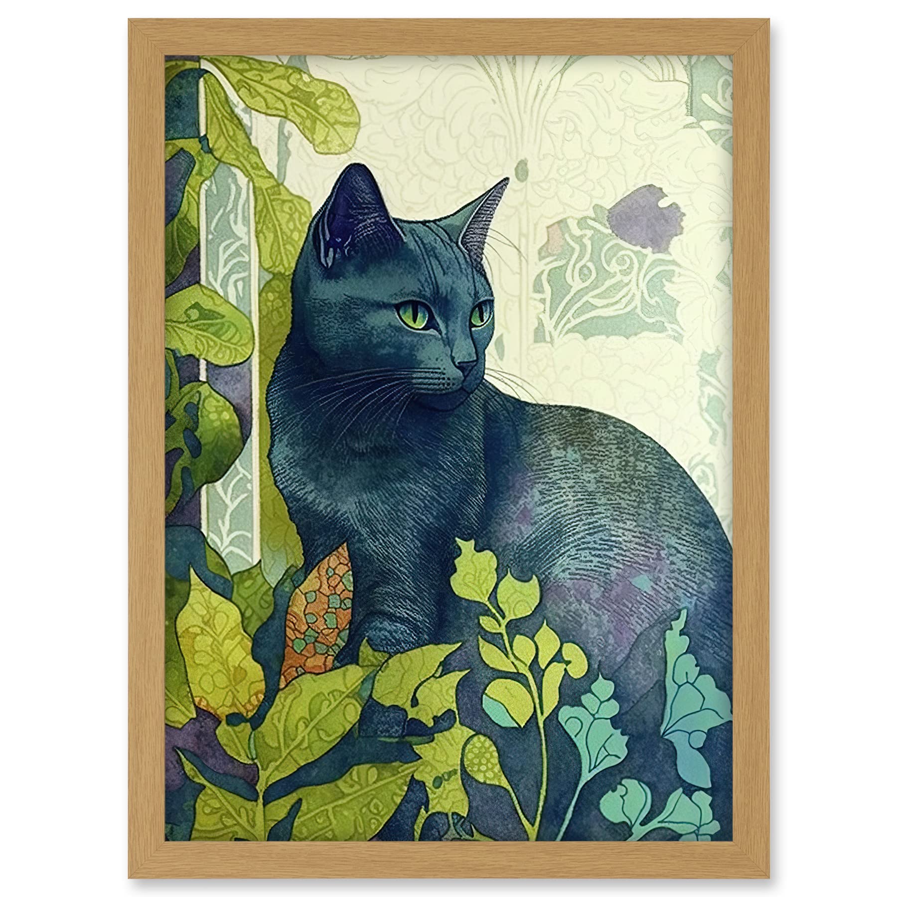 Artery8 Russian Blue Cat with Bright Ornate Plants Modern Art Nouveau Illustration Artwork Framed A3 Wall Art Print