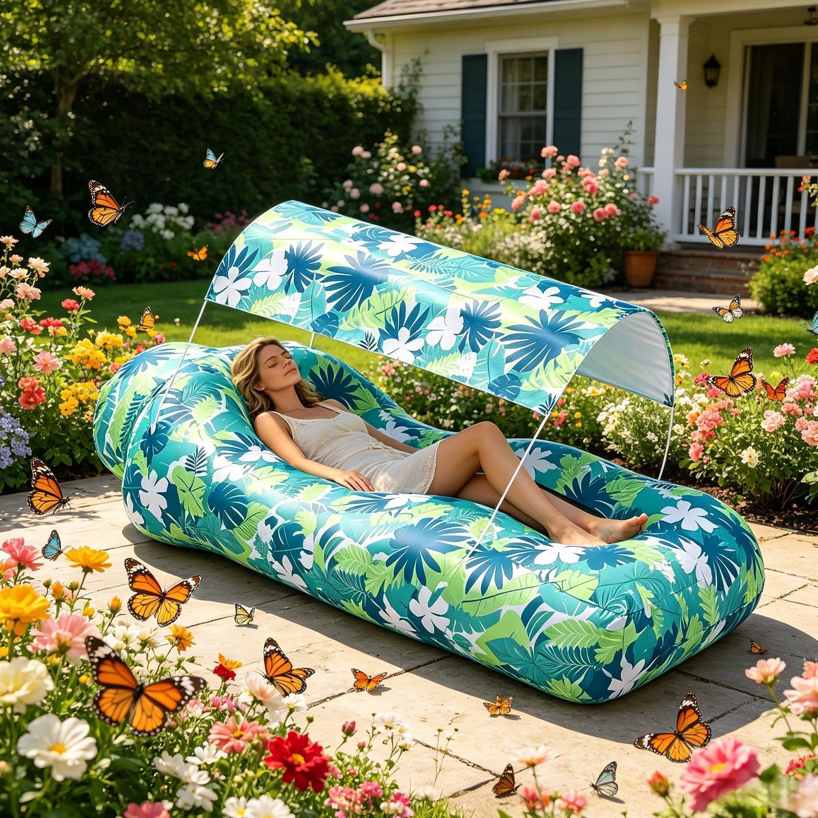 Aufblasbare Strandliege Luftsofa für den Pool mit Sonnenschutz | Garten- und Poolliege für Reise Urlaub Camping am Meer Wandern Picknick im Garten