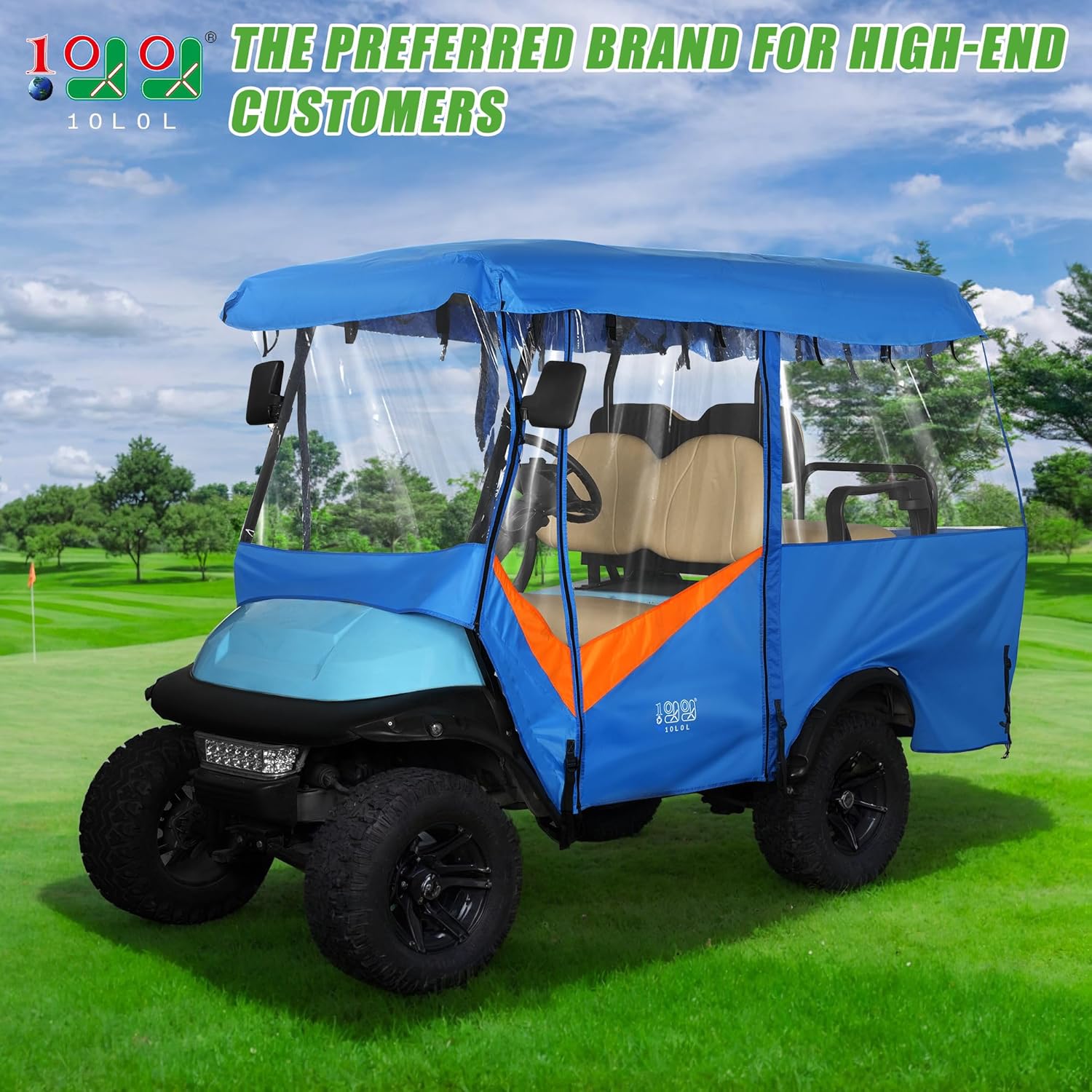 4 Passenger Golf Cart Enclosure, 600D Waterproof Driving Enclosure for Club Car EZGO RXV TXT Yamaha Rain Cover, Roof Within 86.6 inch (Orange/Blue)