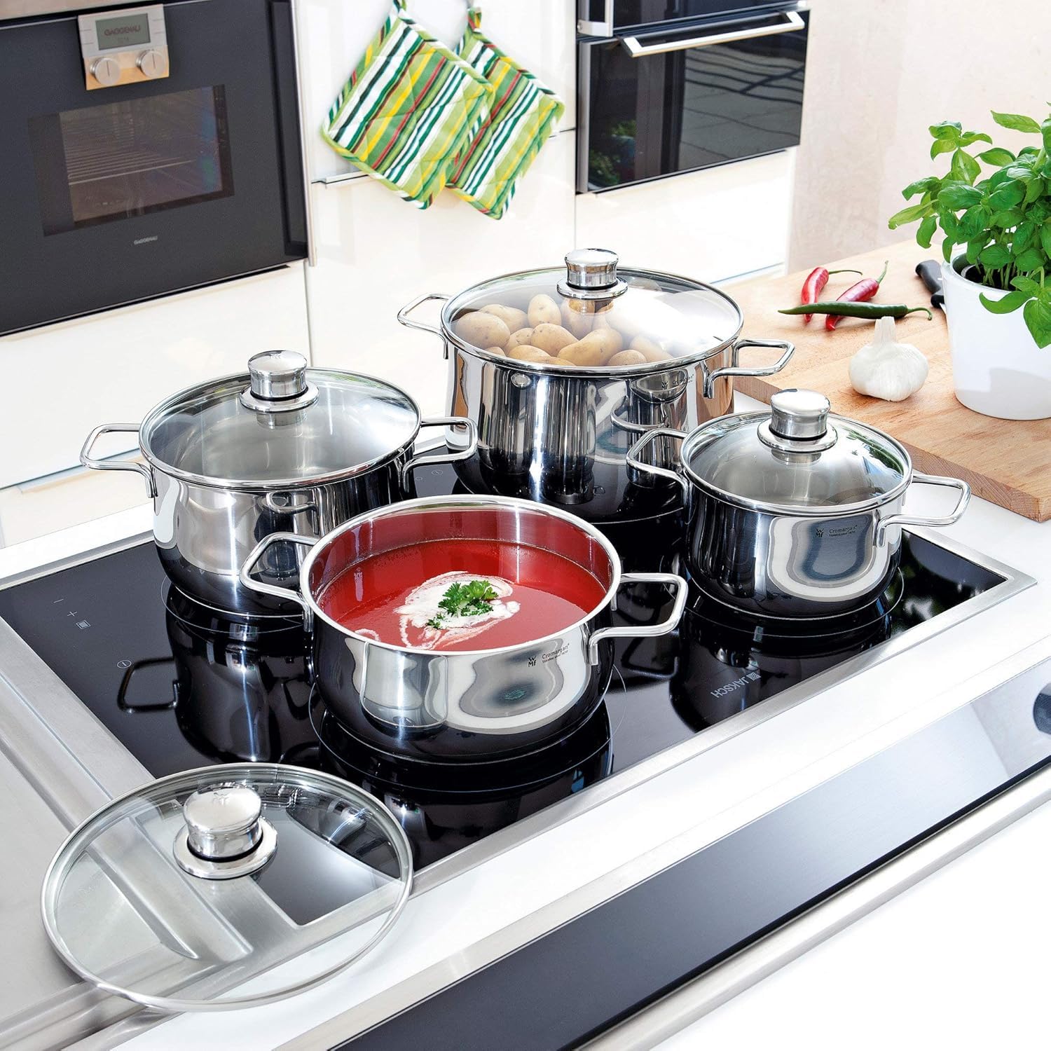 WMF Diadem Plus - Batería de Cocina 6 Piezas, 3 Cacerolas Altas de 16 cm, 20 cm y 24 cm con 3 Tapas de Cristal, Acero Inoxidable Cromargan Apto para Inducción