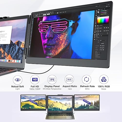 Miniatura 3 de Kwumsy Extensor de pantalla triple para laptop, ultra delgado de 14 pulgadas, FHD 1080P IPS, monitor portátil dual para laptop, extensor de monitor
