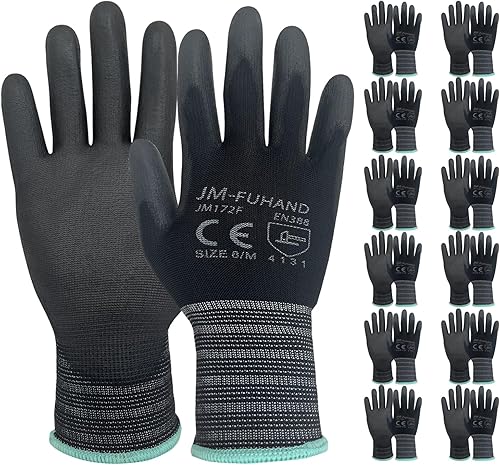 Miniatura 7 de Guantes de trabajo de seguridad ultrafinos con revestimiento de poliuretano (poliuretano), 12 pares, ideales para trabajos ligeros (negro, grande)