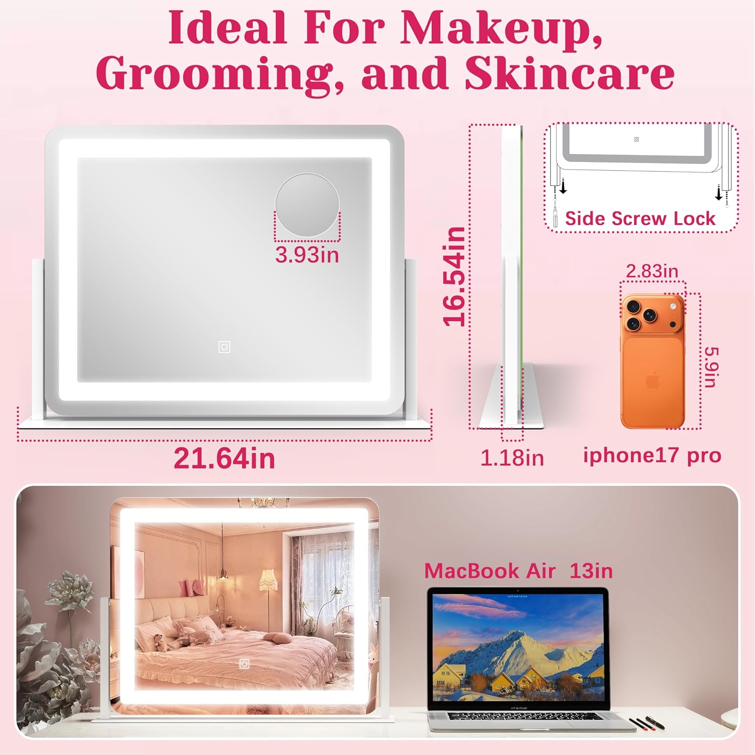 hnv 22"x17" vanity mirror with lights, led makeup mirror with 3 color modes & dimmable touch control, 360° rotation, aluminum frame, large lighted mirror for bedroom or dressing table white 22"l x 17"w