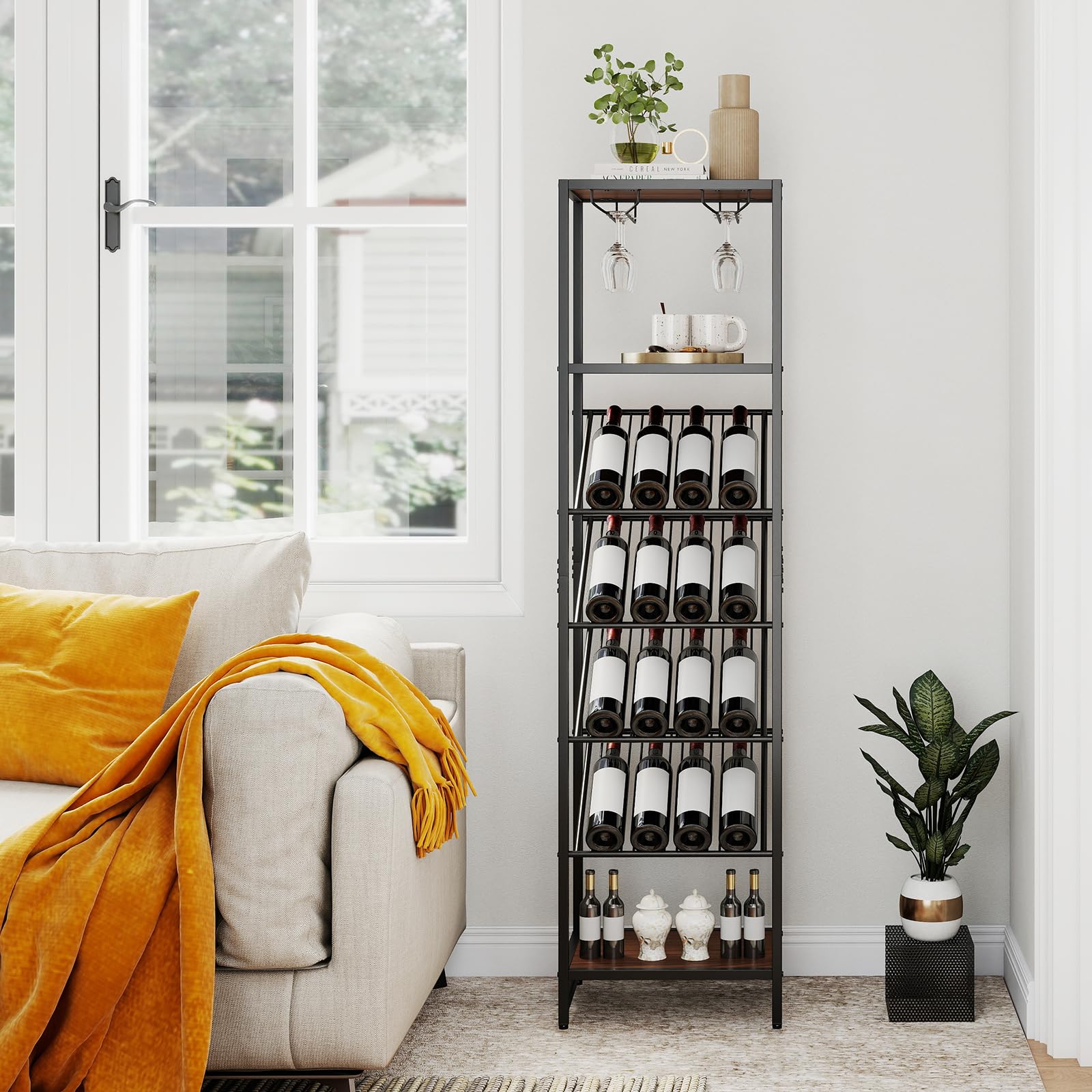COSTWAY Portabottiglie da Terra a 7 Livelli, Cantinetta Portabottiglie di Vino con Portabicchieri e Piano d'Appoggio, per 16 Bottiglie, Scaffale Espositivo per Vino per Bar, Cucina e Sala da Pranzo