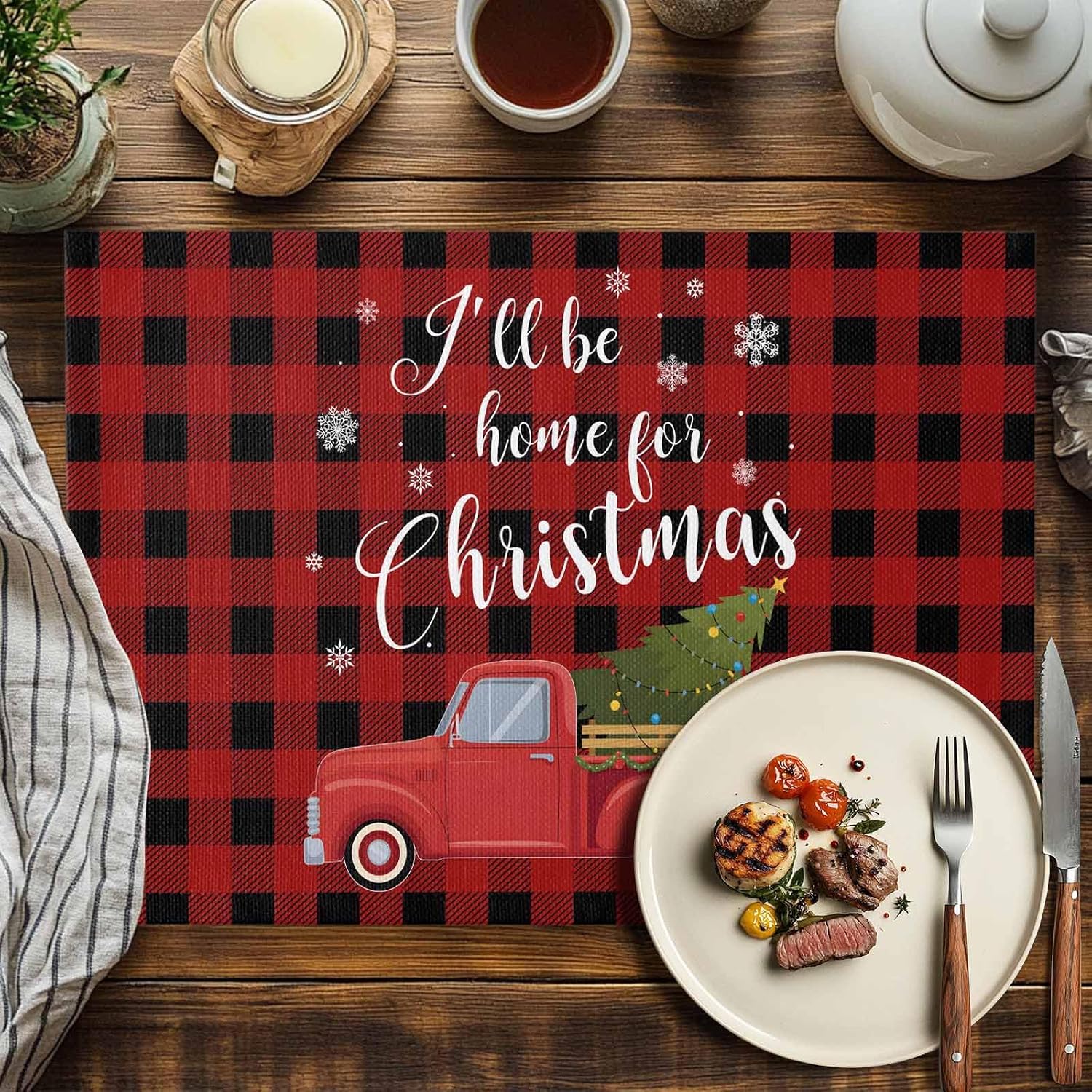 Christmas Tree Truck 7 Placemats Set of 4, Washable Cotton Linen Table Mats for Kitchen Dining Table, Heat Insulation Place Mats for Indoor Outdoor Parties, Holiday Decorations