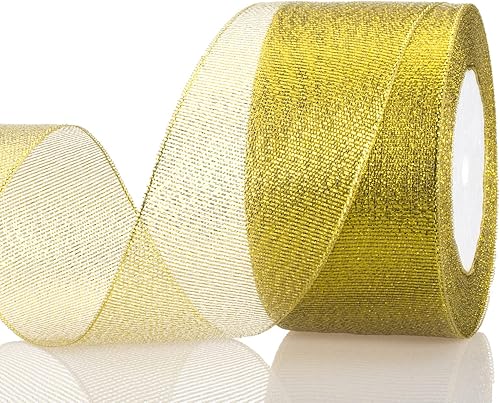 Cinta de purpurina dorada de 2 pulgadas, cintas de tela metálica brillante de 25 yardas para regalos, decoración de fiestas de boda y manualidades