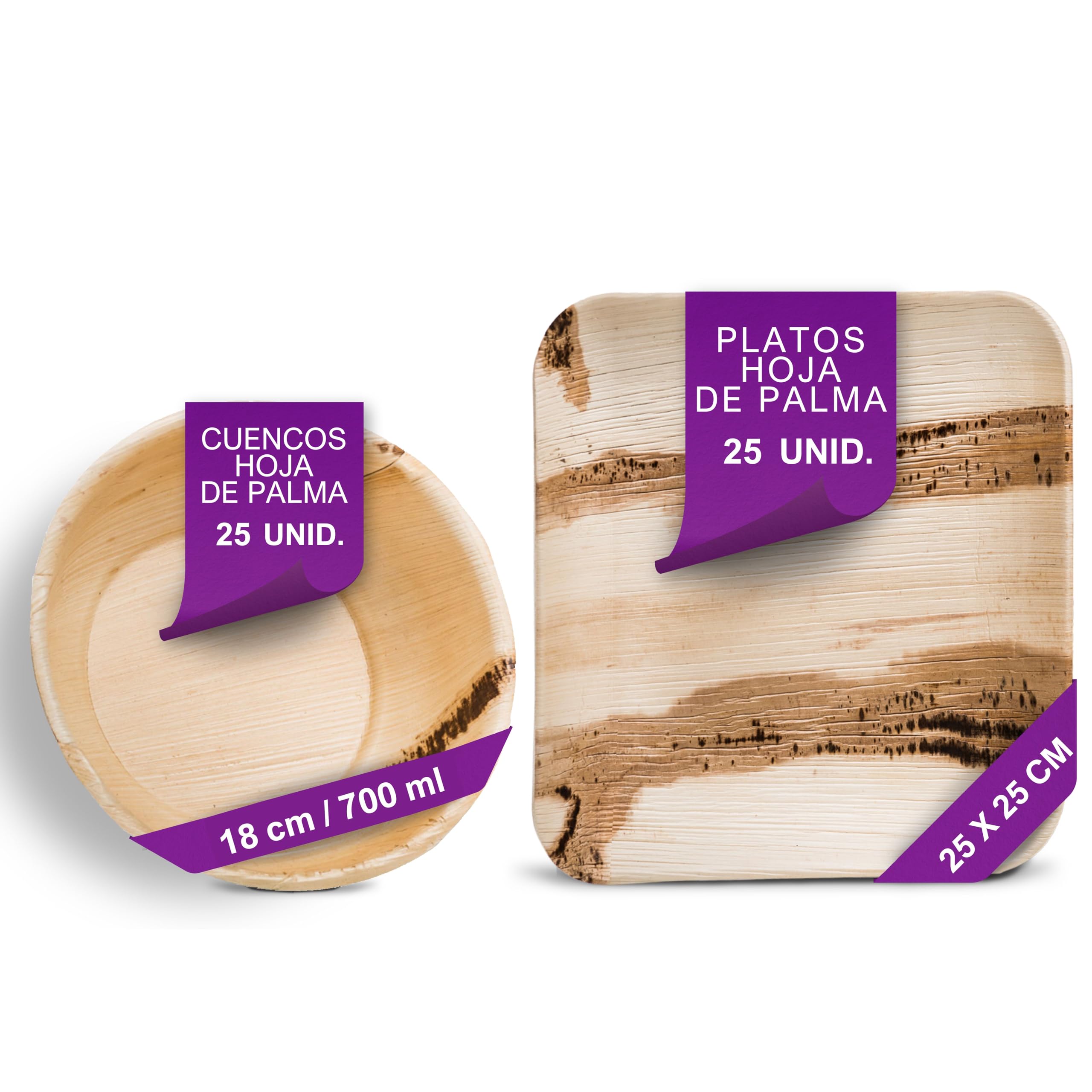 Vajilla Desechable de Hoja de Palma Orgánicos - 25 pz. Cunecos Ø 18 cm/ 700 ml y 25 Platos Cuadrados 25x25 cm