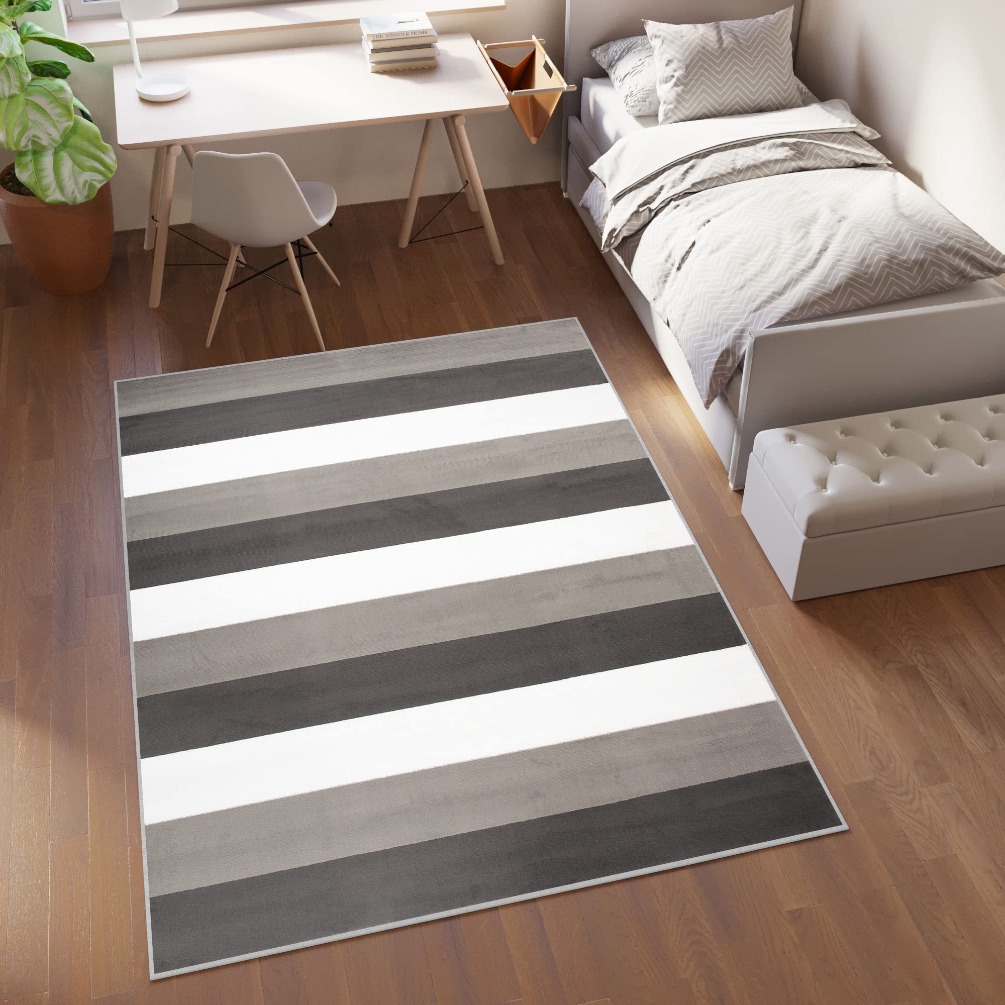 Tapiso Pimky dywan z krótkim włosiem, do salonu, sypialni, kremowy, szary, ciemnoszary, nowoczesny wzór w paski, Ökotex 180 x 250 cm