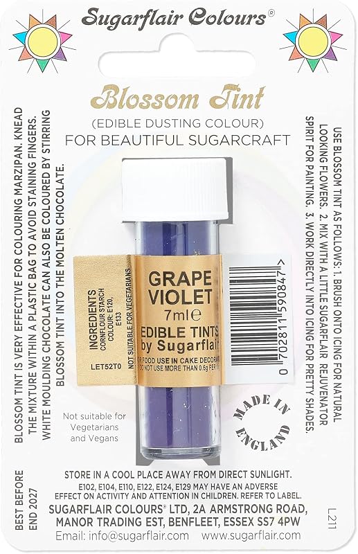 Sugarflair Blossom Tint Grape Violet Food Colouring and Dusting Powder, Matt Finish, Brush On or Mix with Rejuvenator Spirit to Create a One of A Kind Cake - 7ml