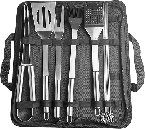 Juego de 11 herramientas para parrilla de barbacoa, de acero inoxidable, con bolsa de transporte, espátula, pinzas y tenedores, accesorios para