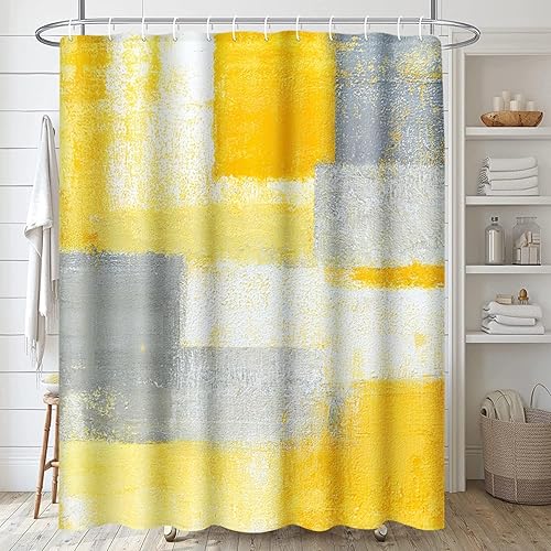 Miniatura 5 de ArtSocket Juego de baño amarillo gris con cortina de ducha y alfombras y accesorios, juego de cortina de ducha gris abstracto, decoración de baño
