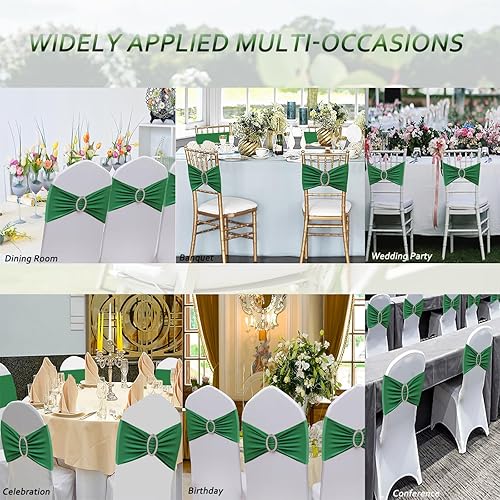 Miniatura 4 de Paquete de 50 bandas de silla verde esmeralda para fundas de sillas, bandas elásticas universales para sillas con hebilla deslizante para decoración
