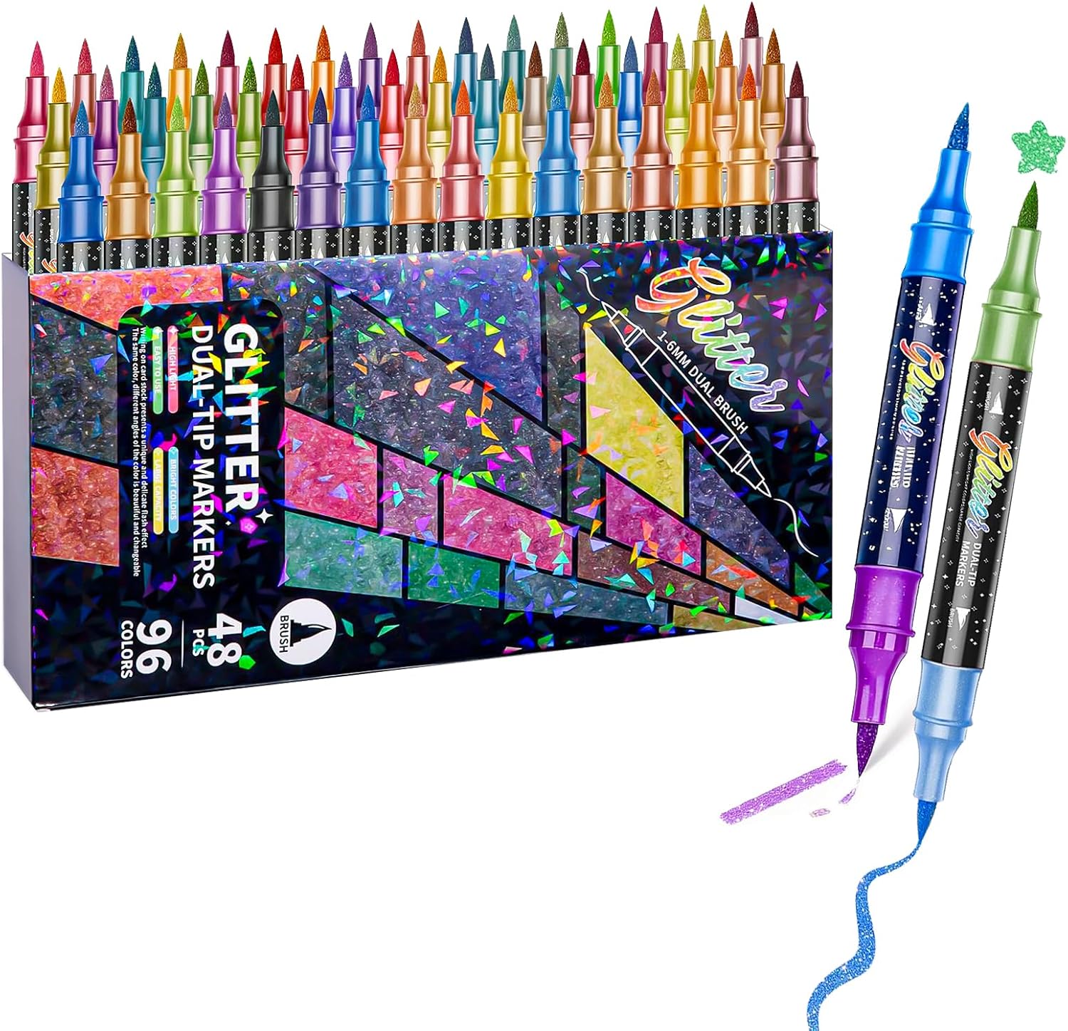 24/48/72/96 Colors Glitter Effect Brush Markers, Glitter Dual-tip Double Colours Shimmer Markers, for Coloring, Journals, Planners, Scrap booking & Card Making (48/96color)
