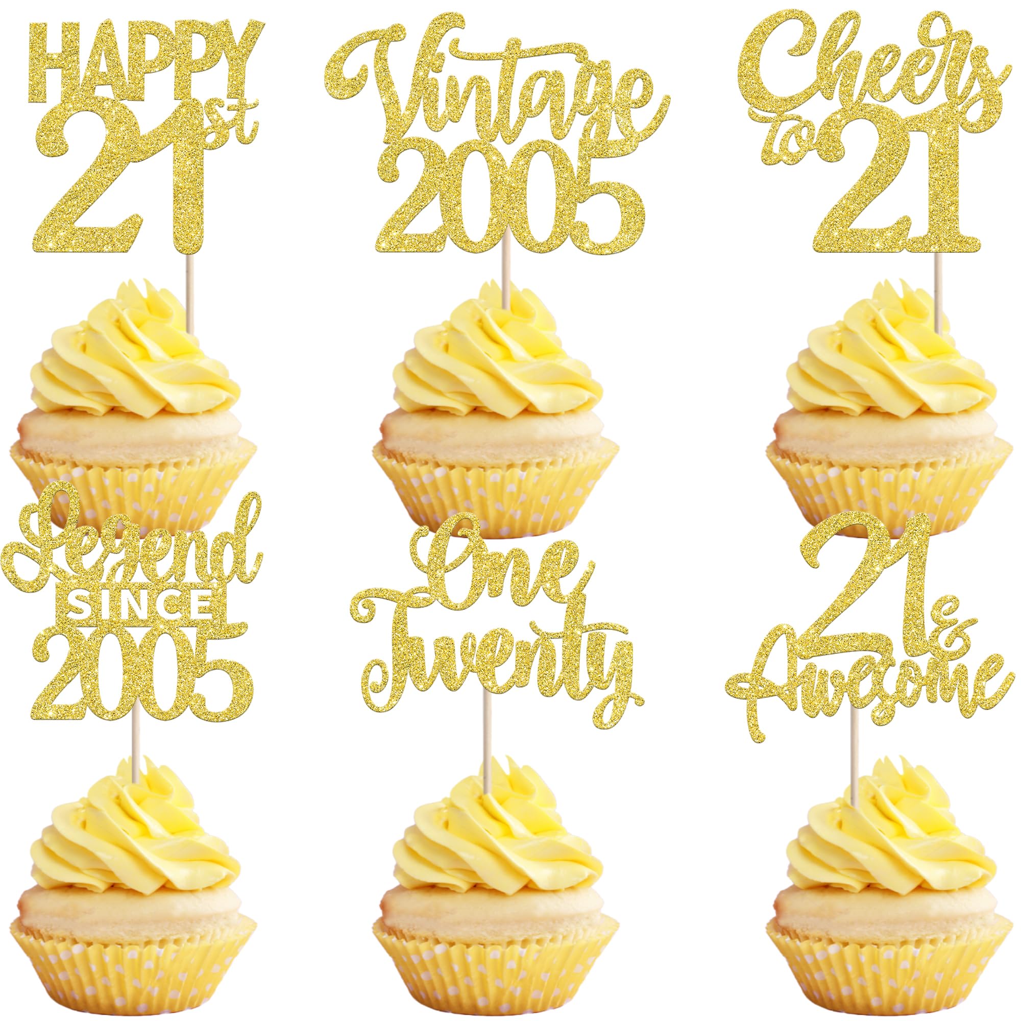 24PCS 21st Birthday Cupcake Toppers Twenty One Happy 21 Vintage 2005 Cupcake Picks Cheers to 21 Lengend Since 2005 Cake Decorations for 21st Birthday